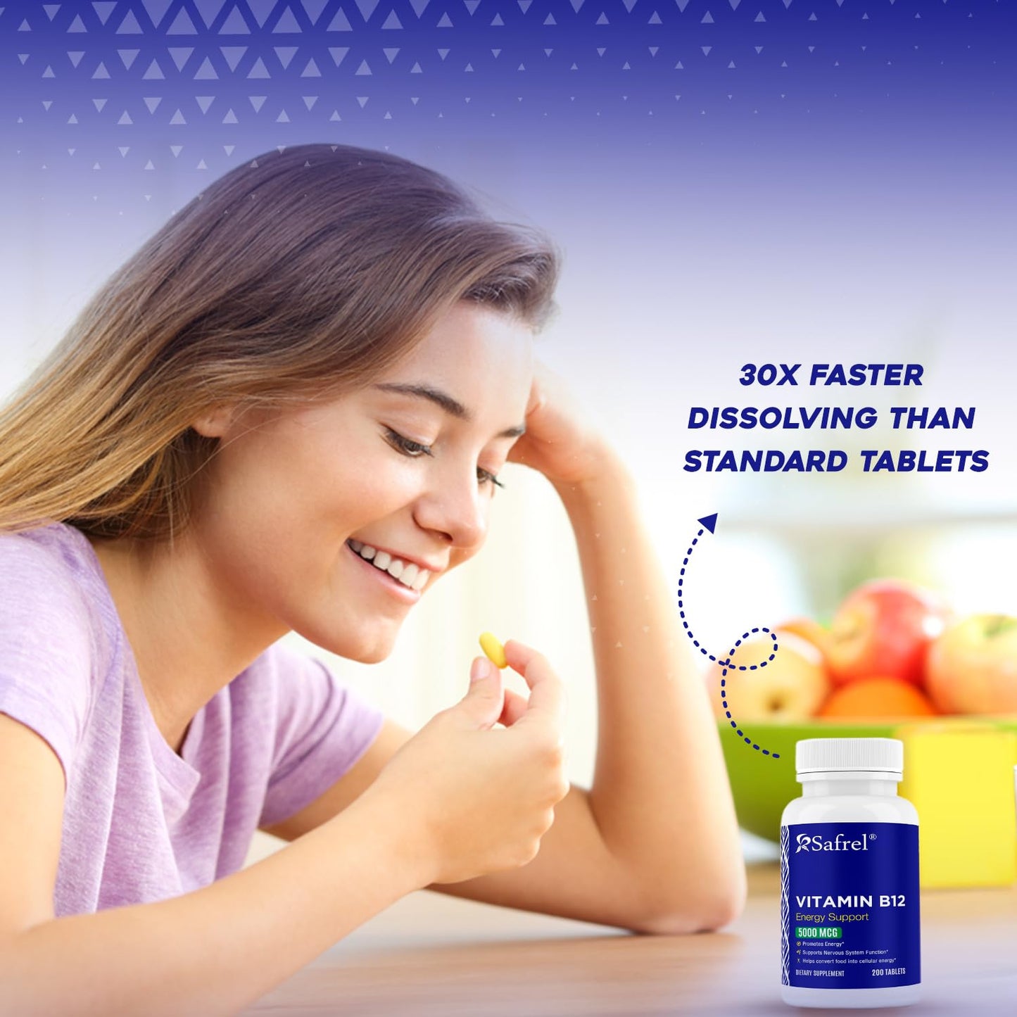 Vista lateral botella Safrel vitamina B12 5000 mcg