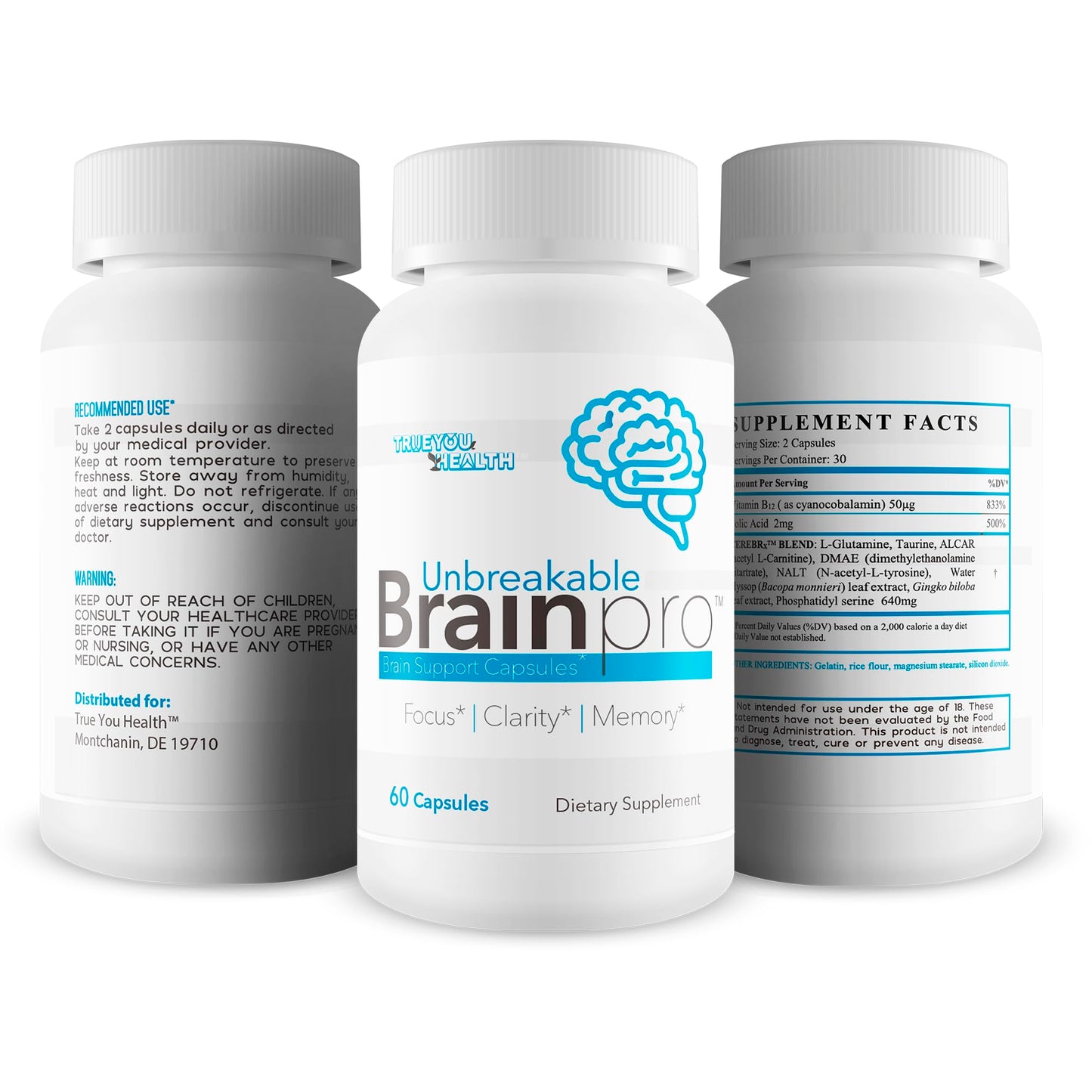 Vista lateral botella Unbreakable Brain Pro vitaminas cerebrales