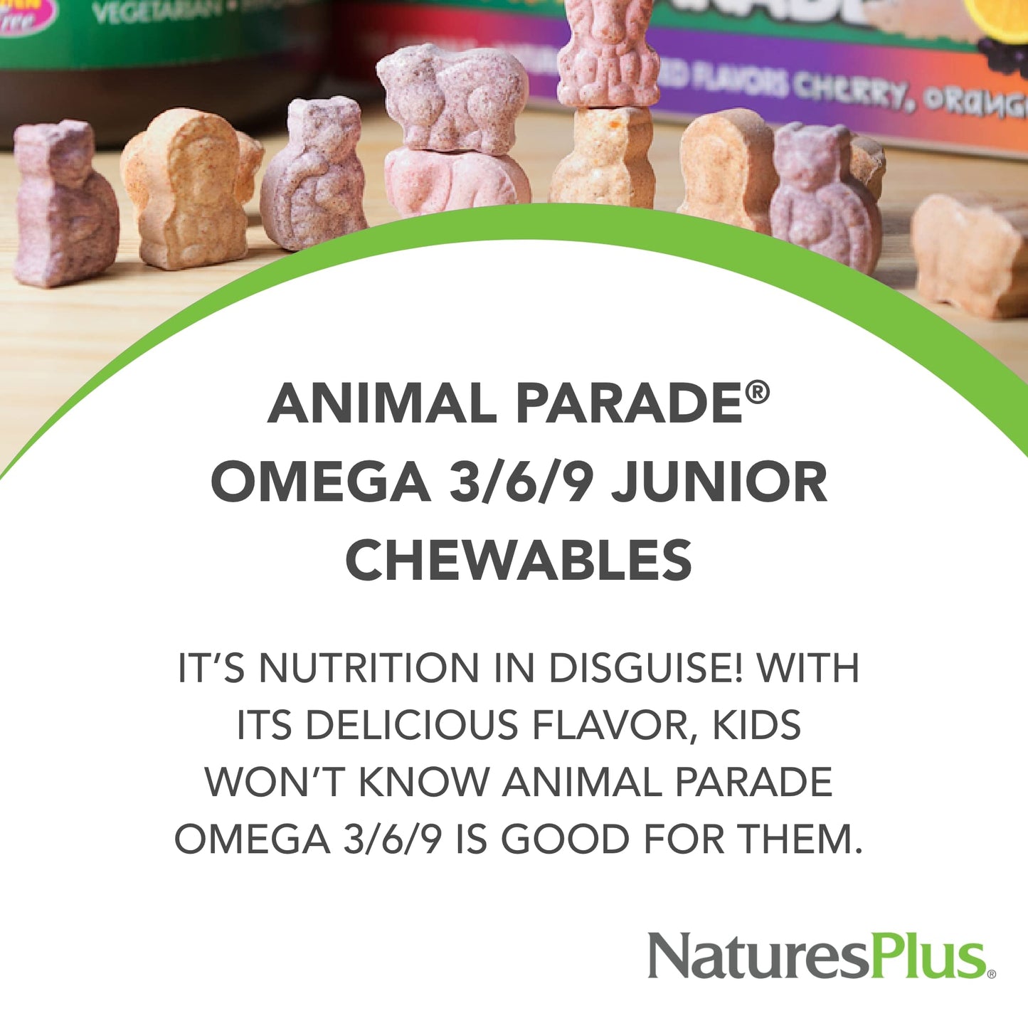 Vista lateral empaque Omega 3 6 9 Animal Parade niños sabor limón