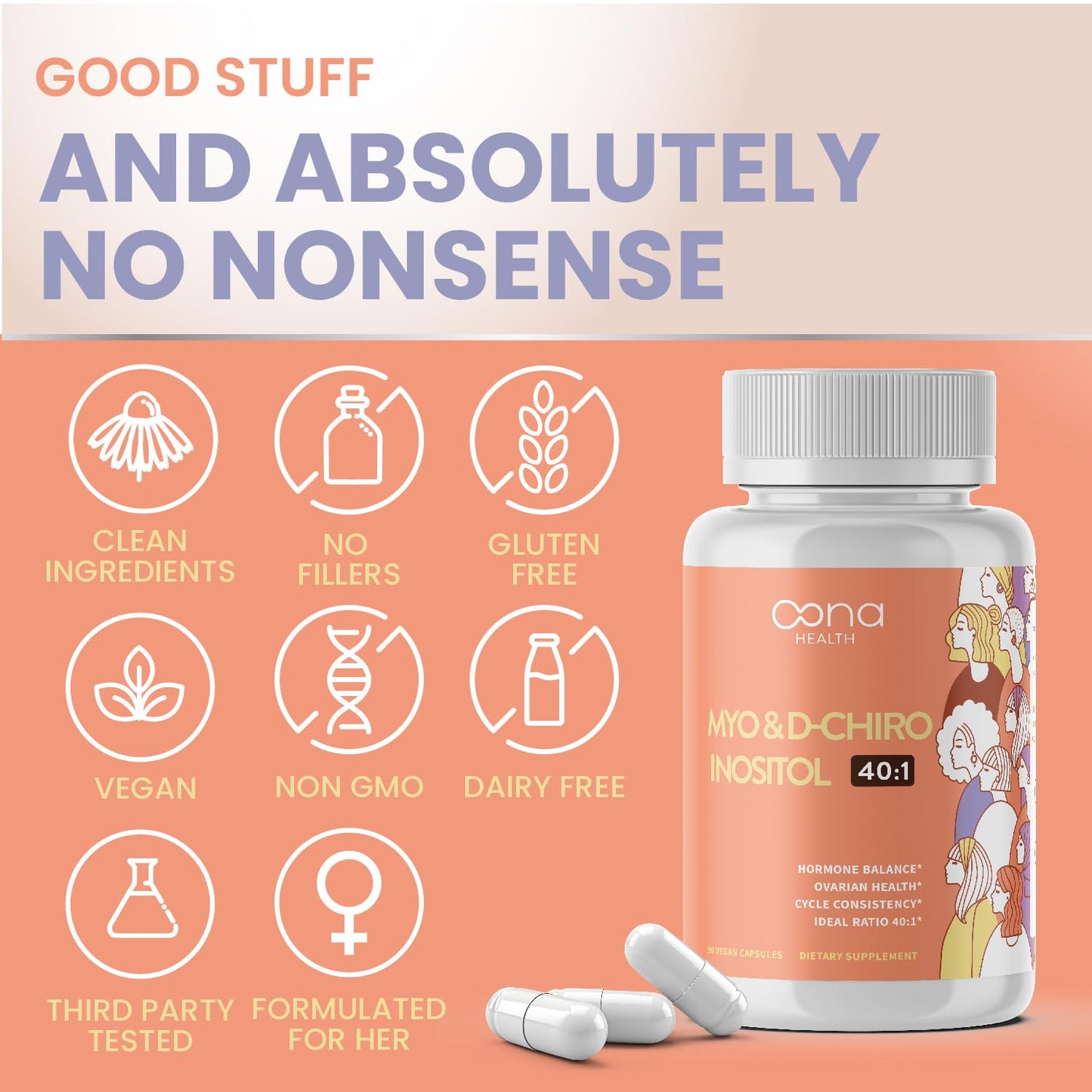 Vista lateral envase suplemento vegano inositol para PCOS y fertilidad