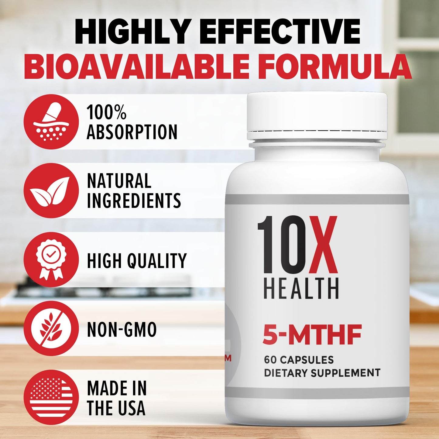 Vista lateral frasco 10X Health 5 MTHF 60 cápsulas