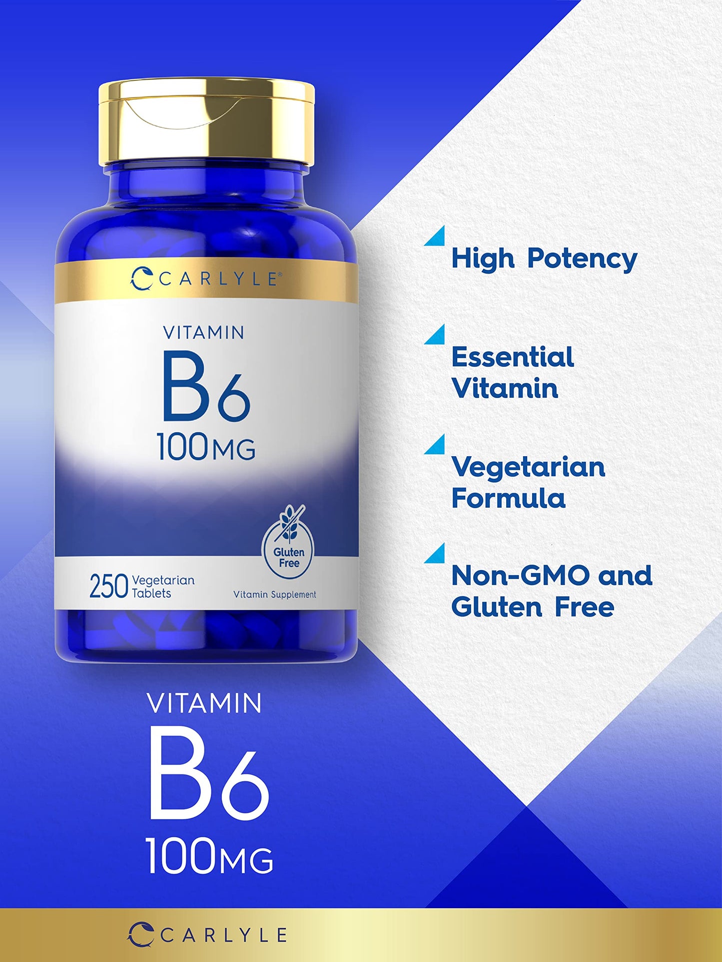 Vista lateral frasco vitaminas B6 Carlyle 250 unidades