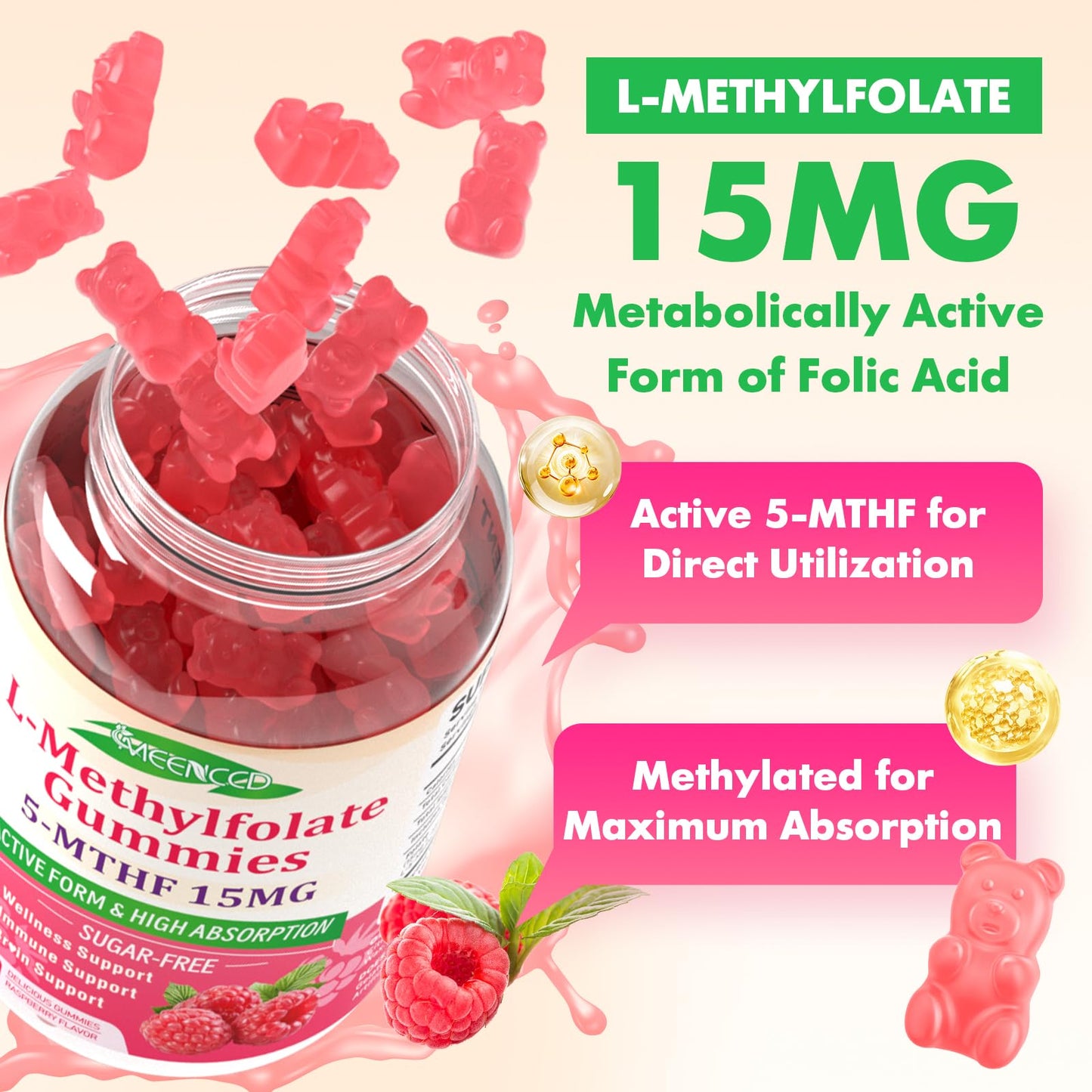 Vista lateral gummies MEENCCD, sabor frambuesa