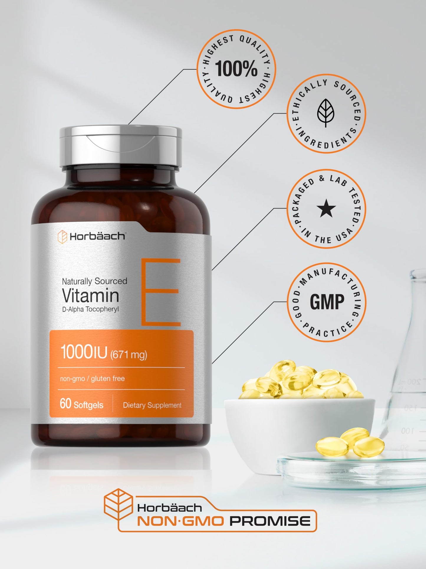 Vista lateral Horbäach Vitamina E 1000 IU con ingredientes naturales