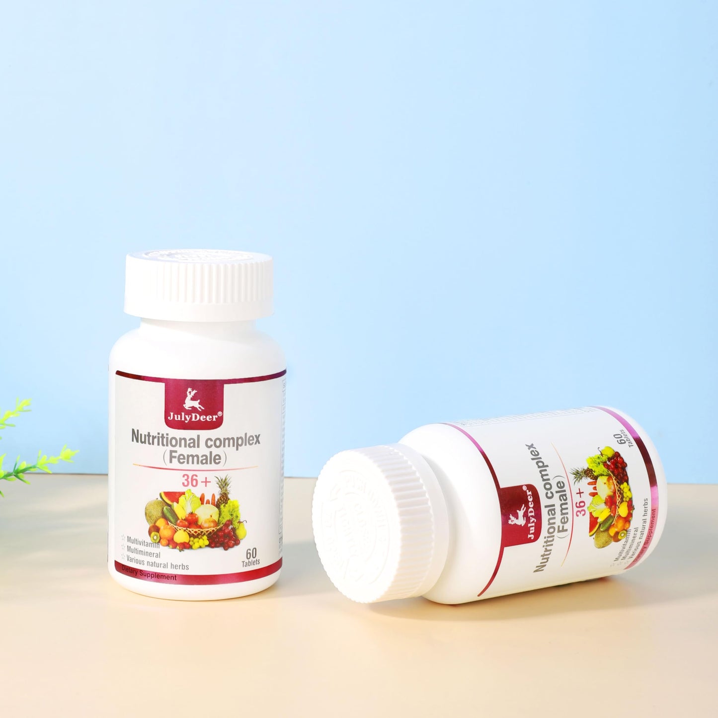 Vista lateral de multivitaminas JulyDeer para mujeres