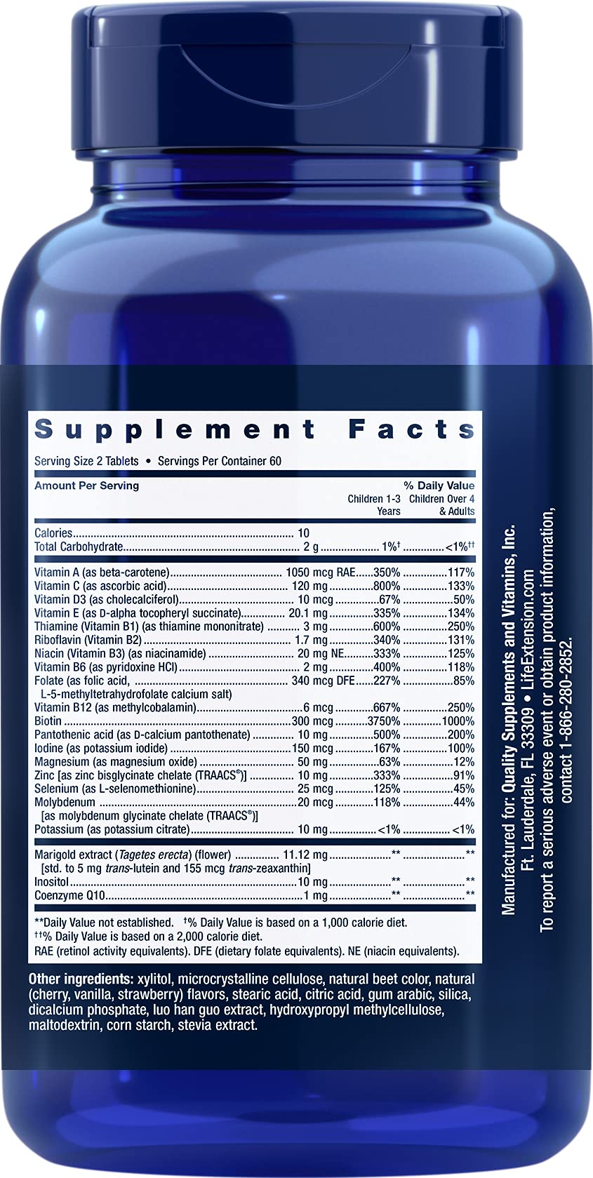 Vista lateral de frasco de multivitaminas para niños
