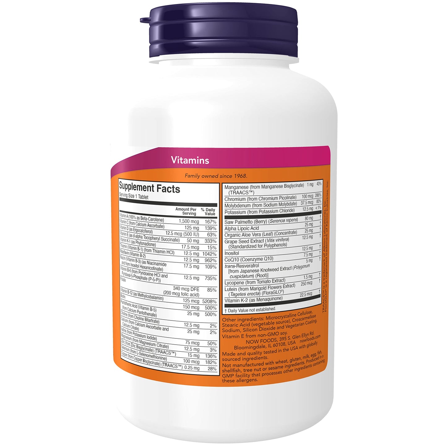 Vista lateral de multivitaminas Now Foods para hombres