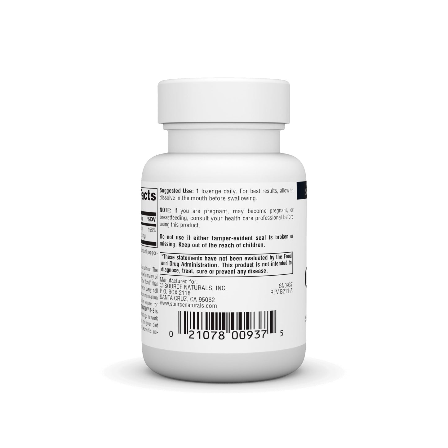 Vista posterior de Coenzymated B-3 de Source Naturals con instrucciones