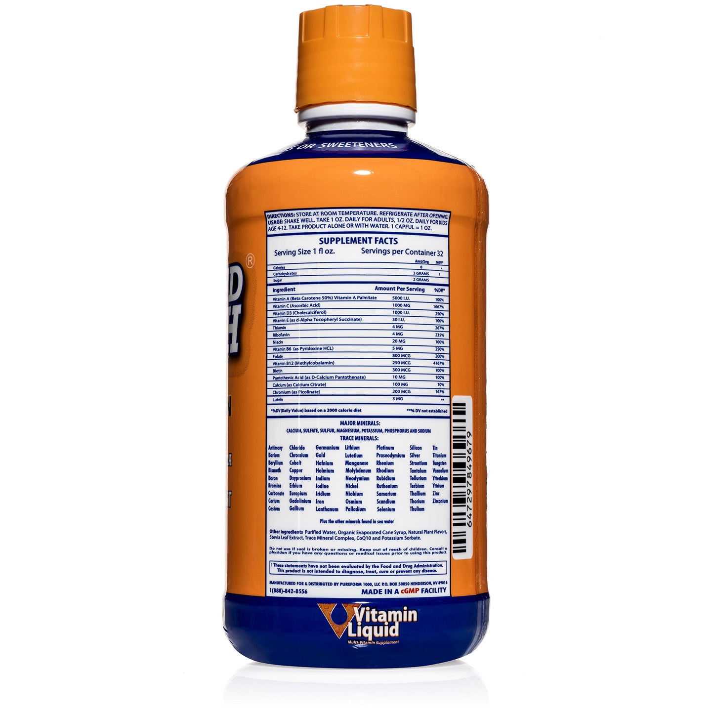 Vista posterior del multivitamínico líquido 3 Second Health.