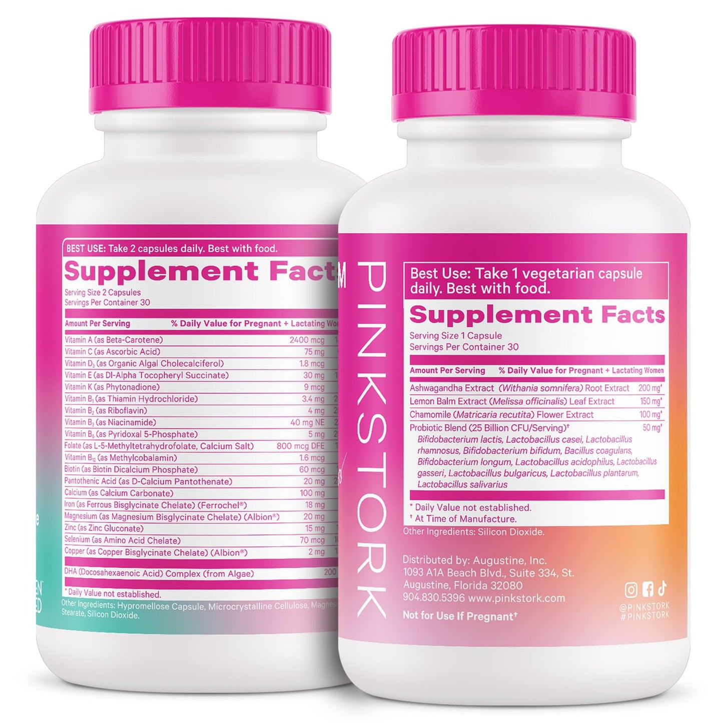 Vista posterior de los frascos de suplementos Pink Stork