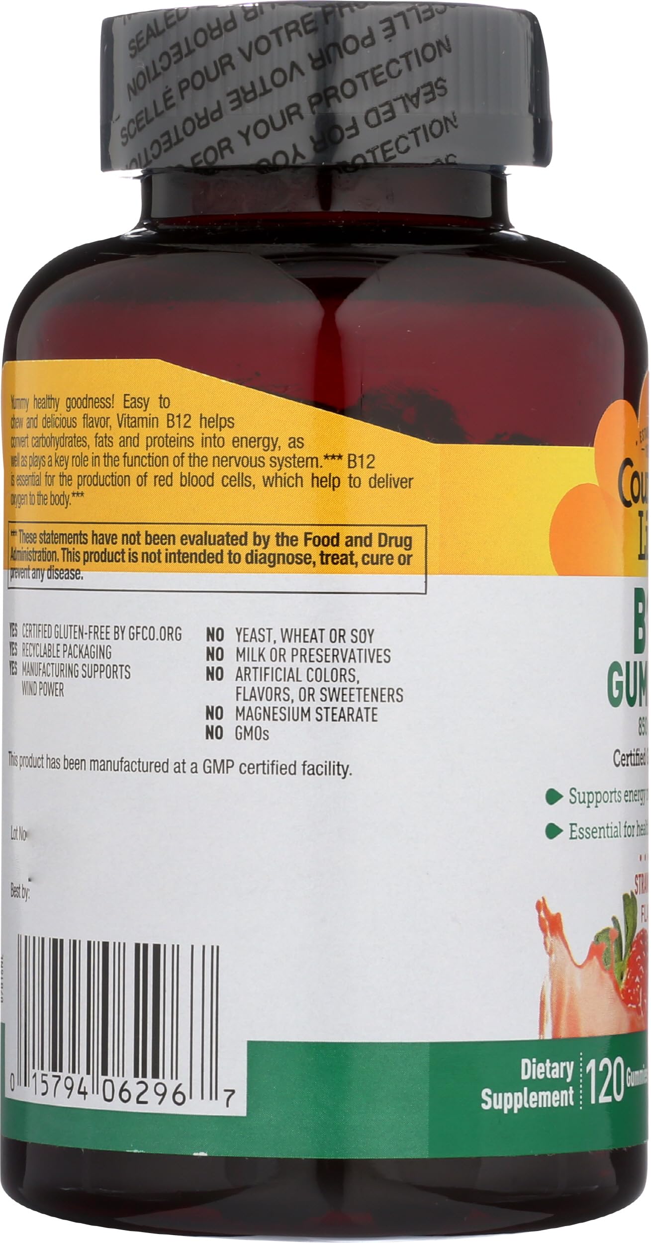 Vista trasera frasco gomitas Country Life Vitamina B12