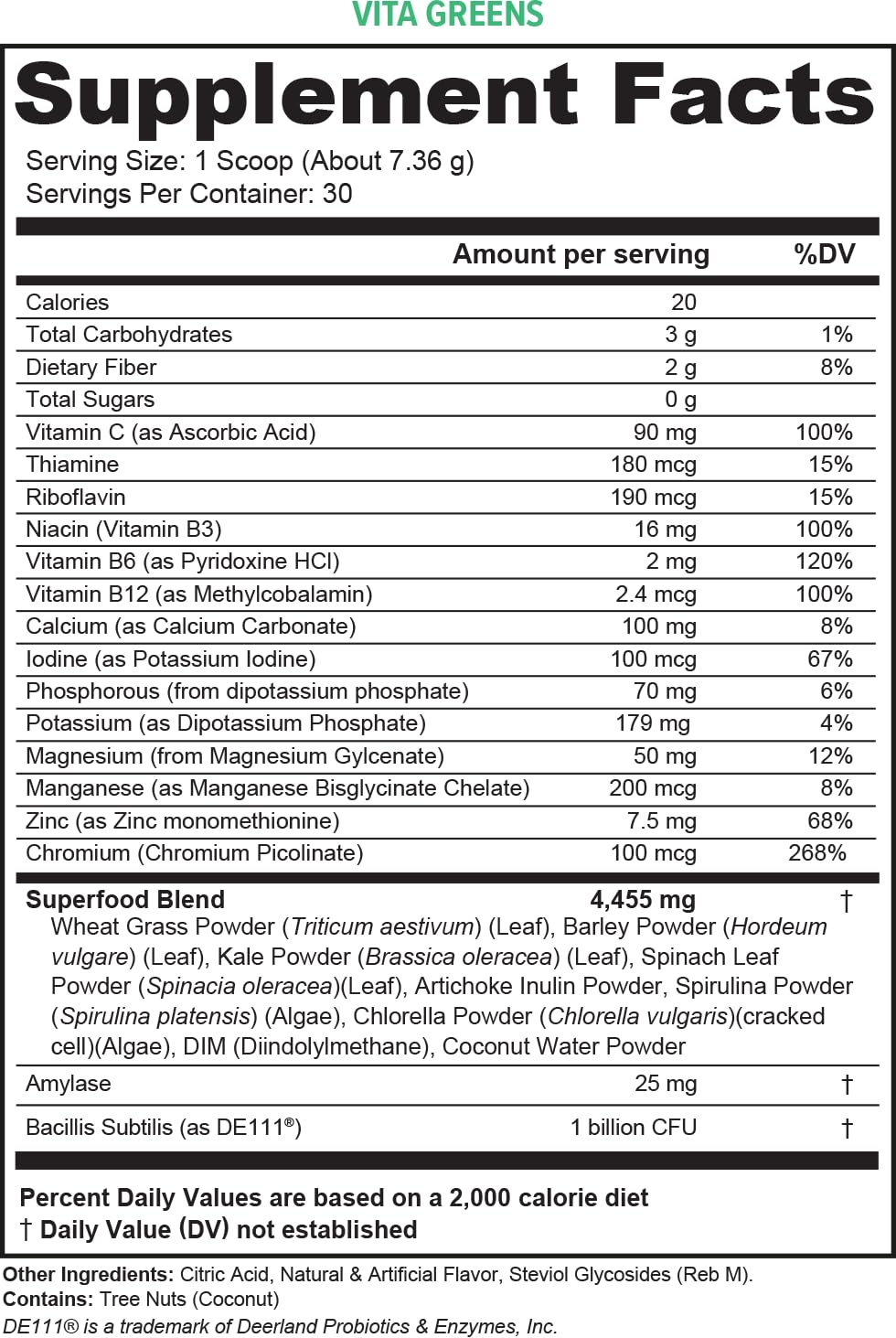 Información de vitaminas y minerales de Vita Greens superalimento