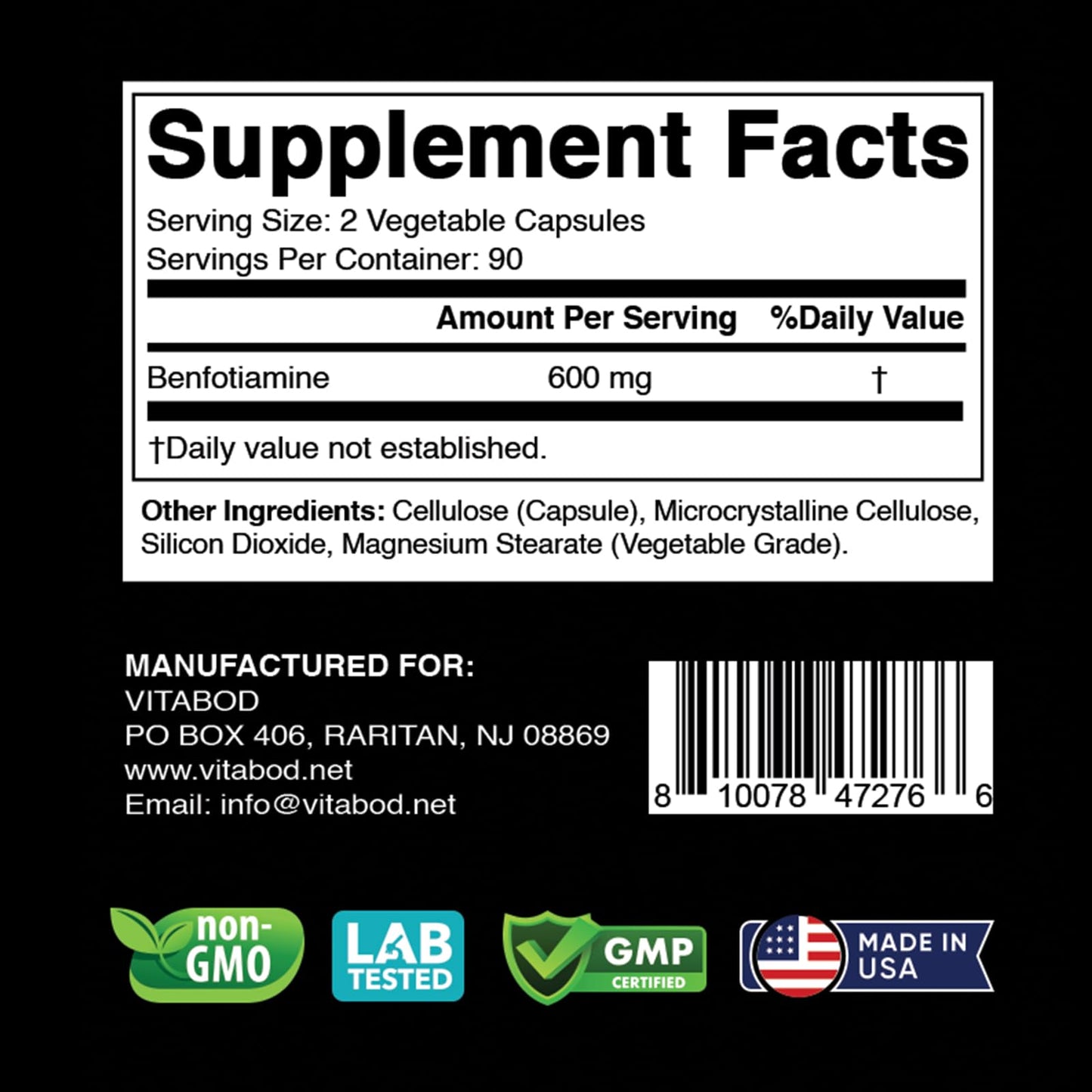 Vitabod suplemento vitamina B1 liposoluble Benfotiamina 600mg