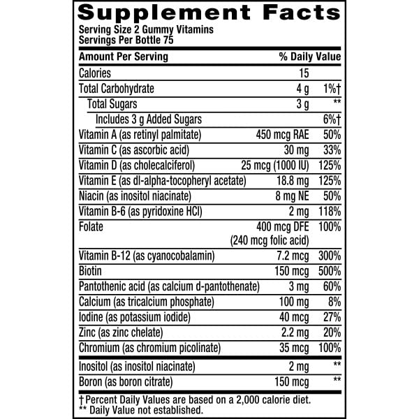 tabla de ingredientes de multivitaminas vitafusion para mujeres