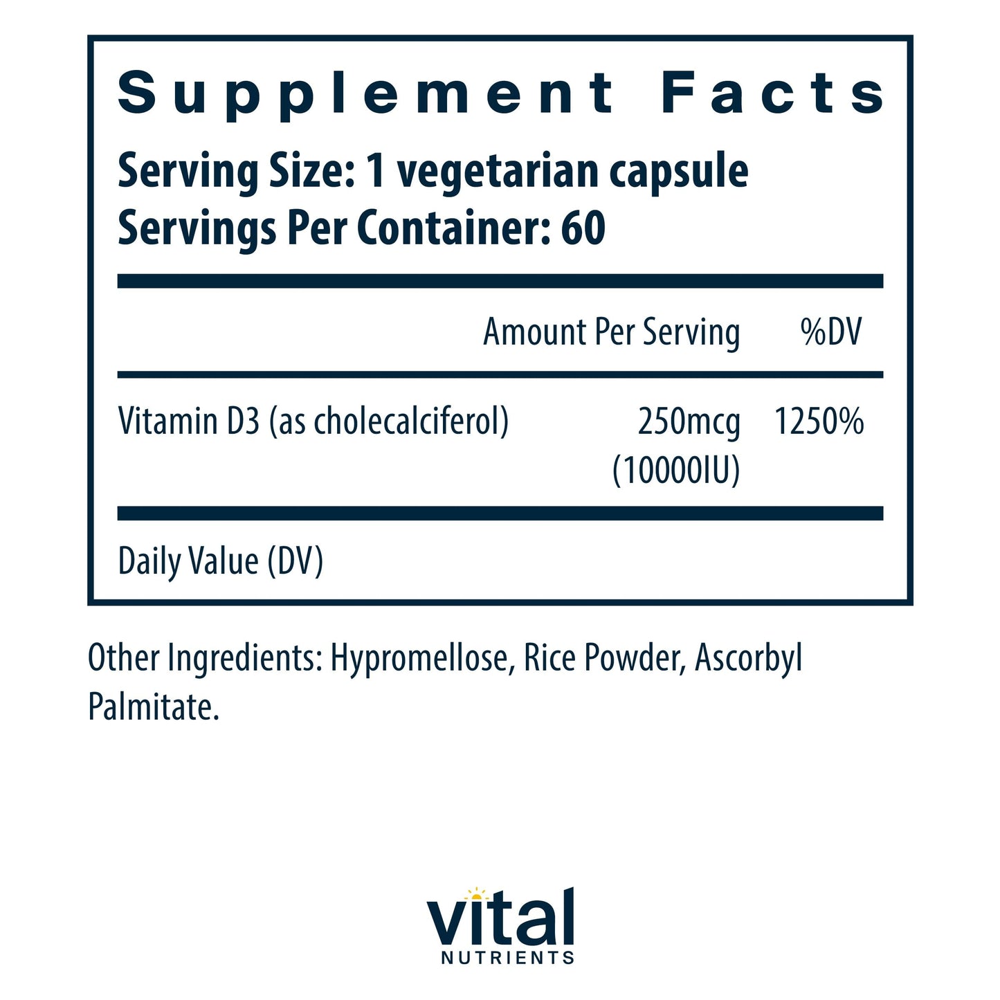 Envase Vital Nutrients Vitamina D 10000 UI 60 cápsulas veganas