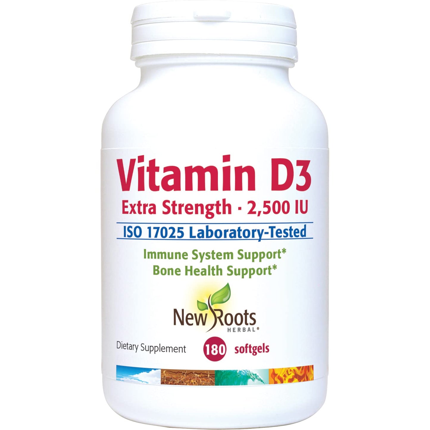 Frasco de Vitamin D3 2500 UI NEW ROOTS HERBAL 180 softgels