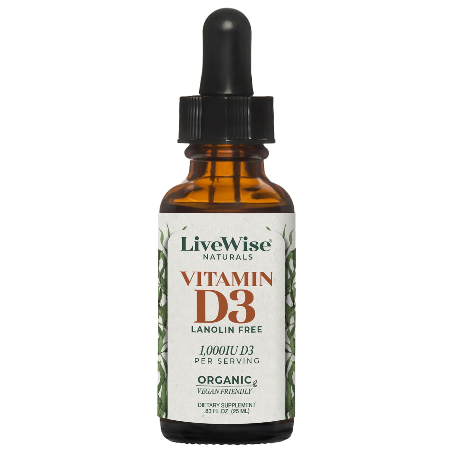 Vitamin D3 líquida vegana Live Wise Naturals botella