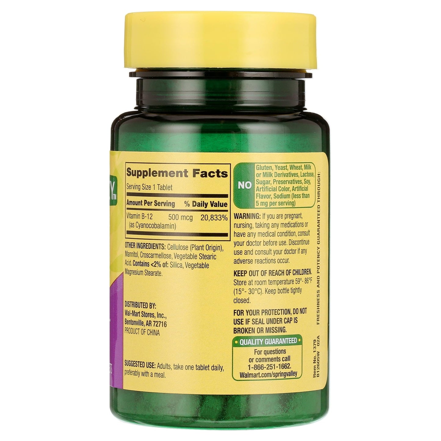 Vitamina B12 Spring Valley sin gluten, sin aditivos, bajo sodio