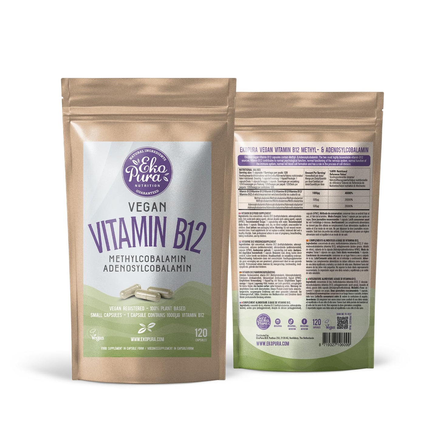 Vitamina B12 vegana cápsulas Ekopura caja frontal