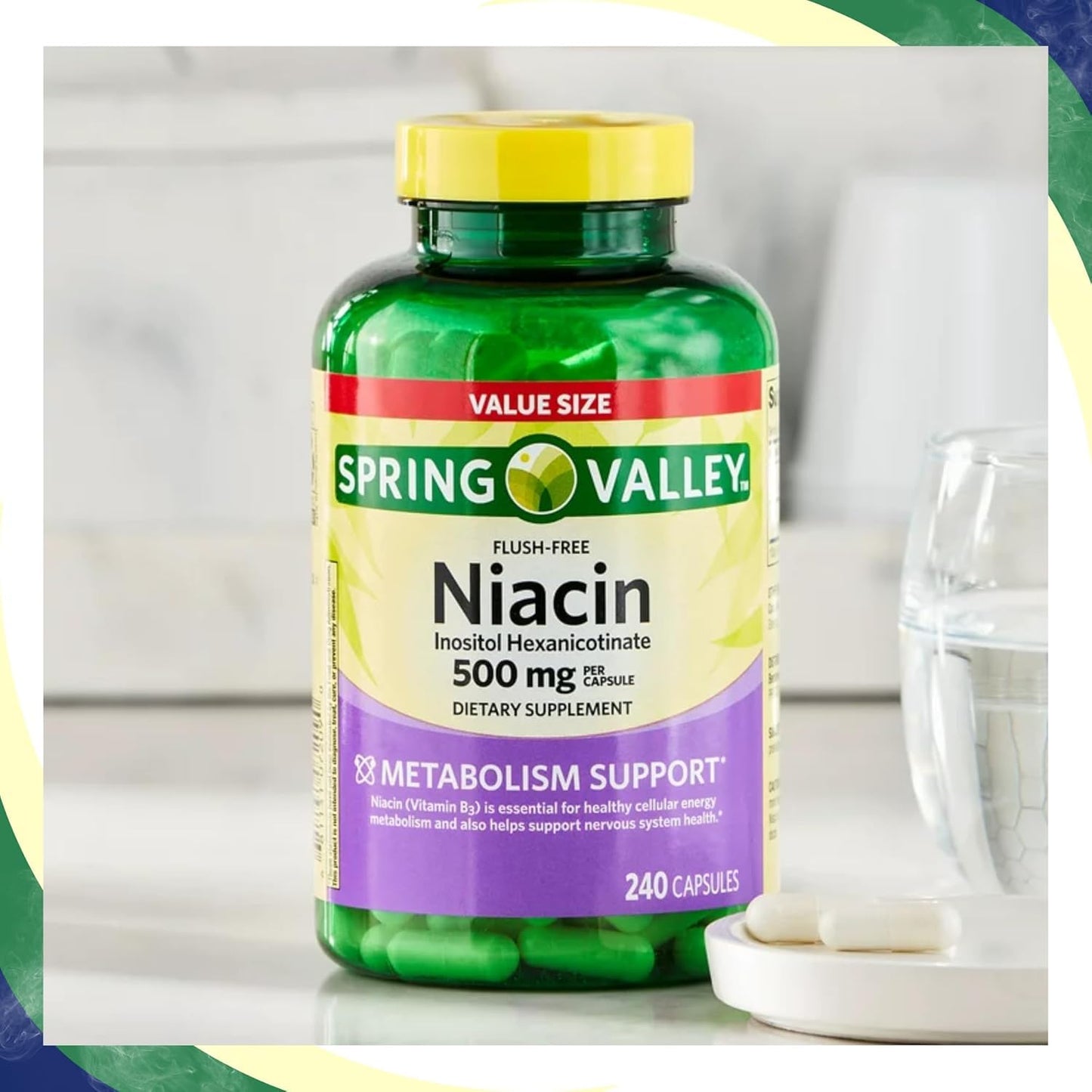 Vitamina B3 Niacina sin rubor suplemento 500mg 240 cápsulas paquete