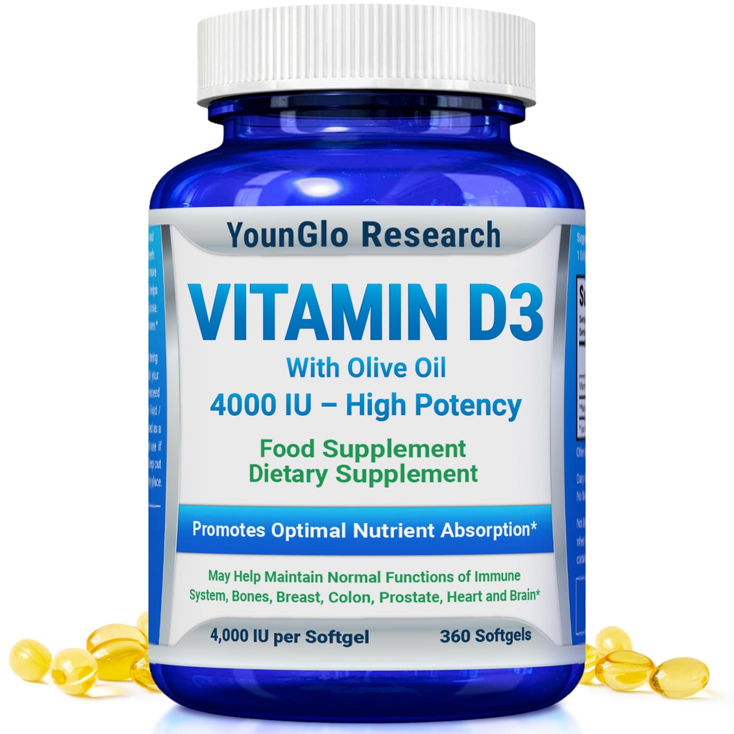 Vitamina D3 5000 UI aceite oliva no ogm YounGlo 360 cápsulas