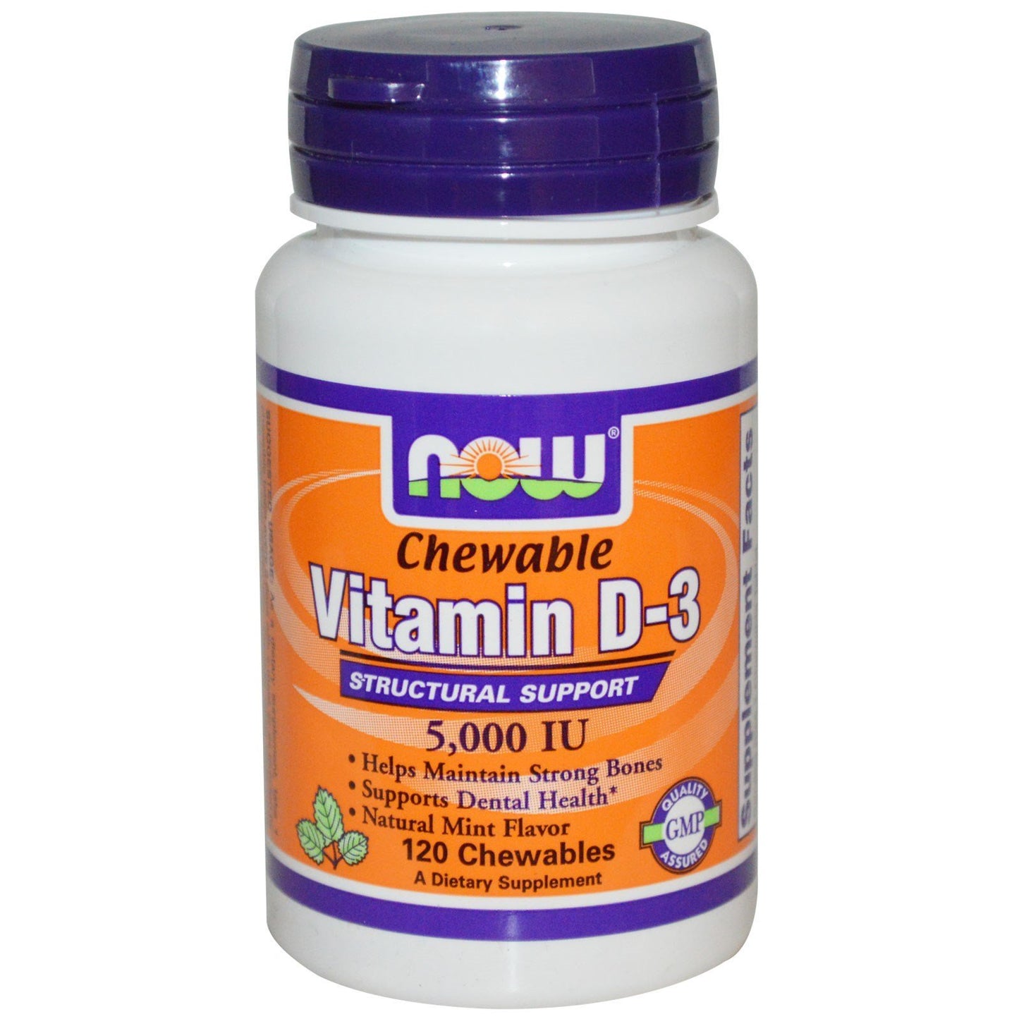 Paquete de Vitamina D-3 masticable 5000 UI sabor menta Now Foods
