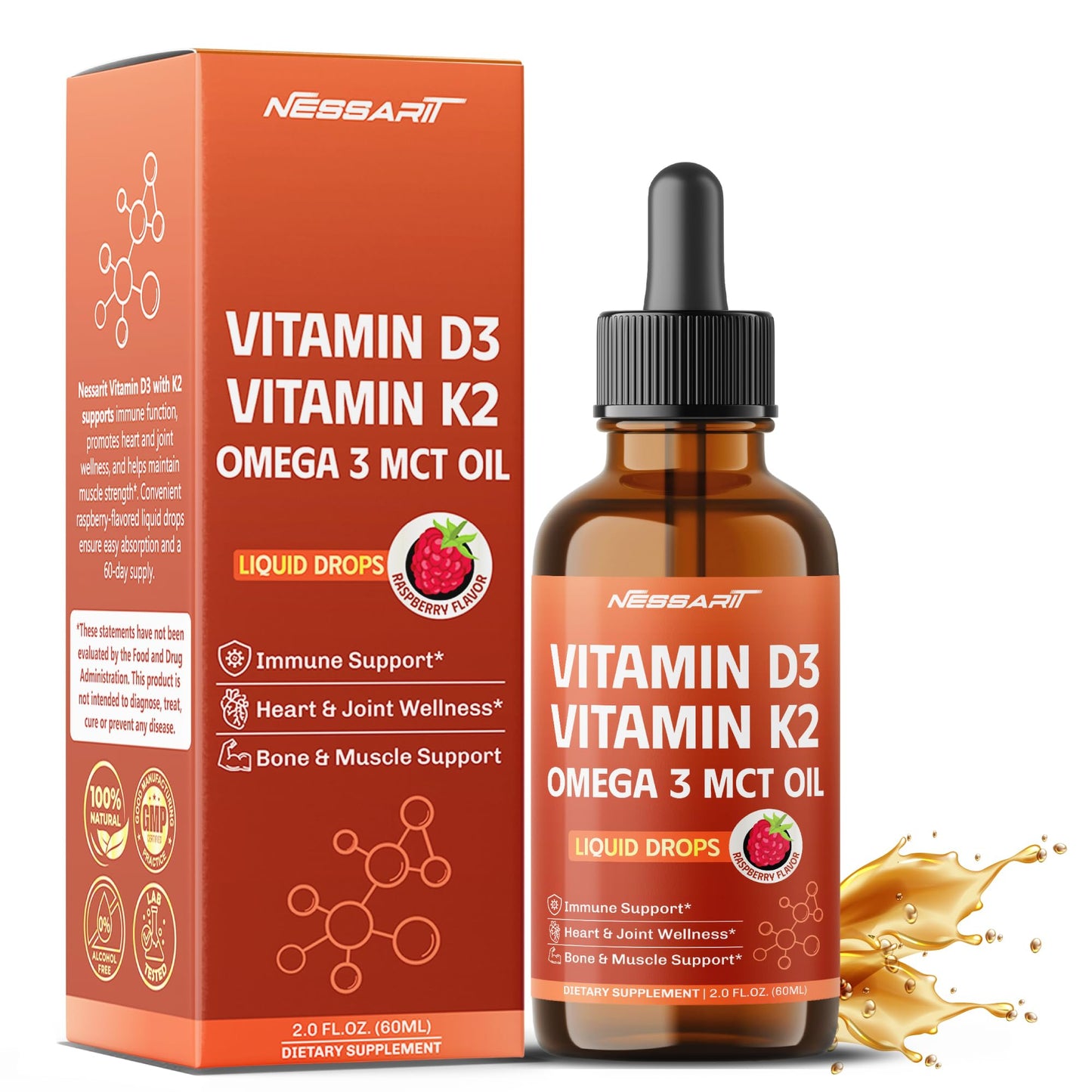 Gotas líquidas Vitamina D3 y K2 Nessarit sabor frambuesa 60 ml
