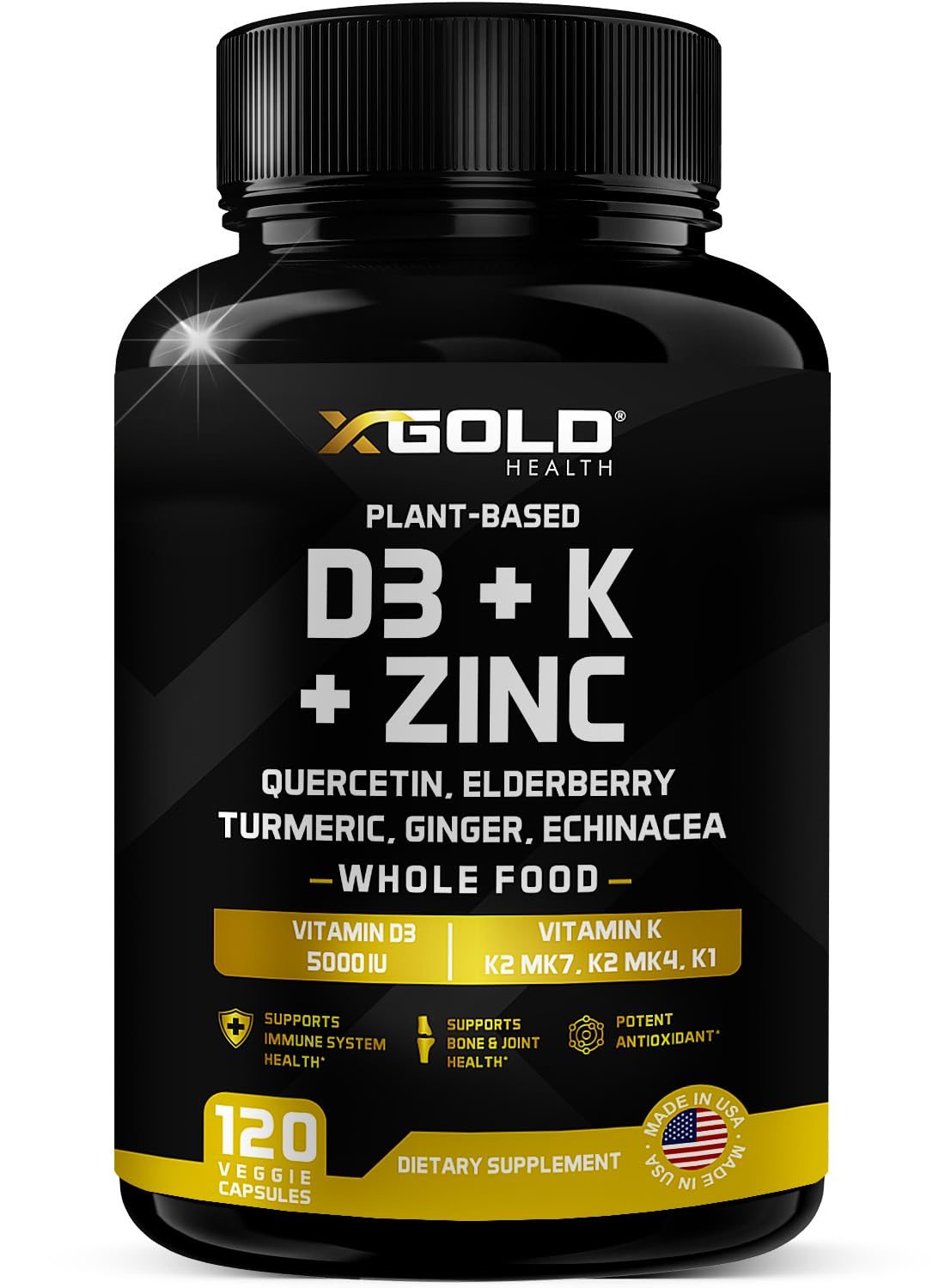 Botella suplemento Vitamina D3 K2 K1 Zinc Saúco 8 en 1 X Gold Health