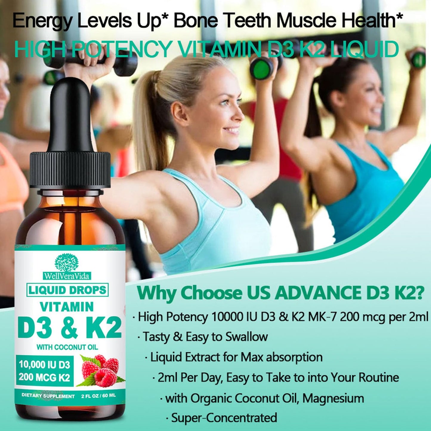 Vitamina D3 K2 líquida WellVeraVida con magnesio y zinc