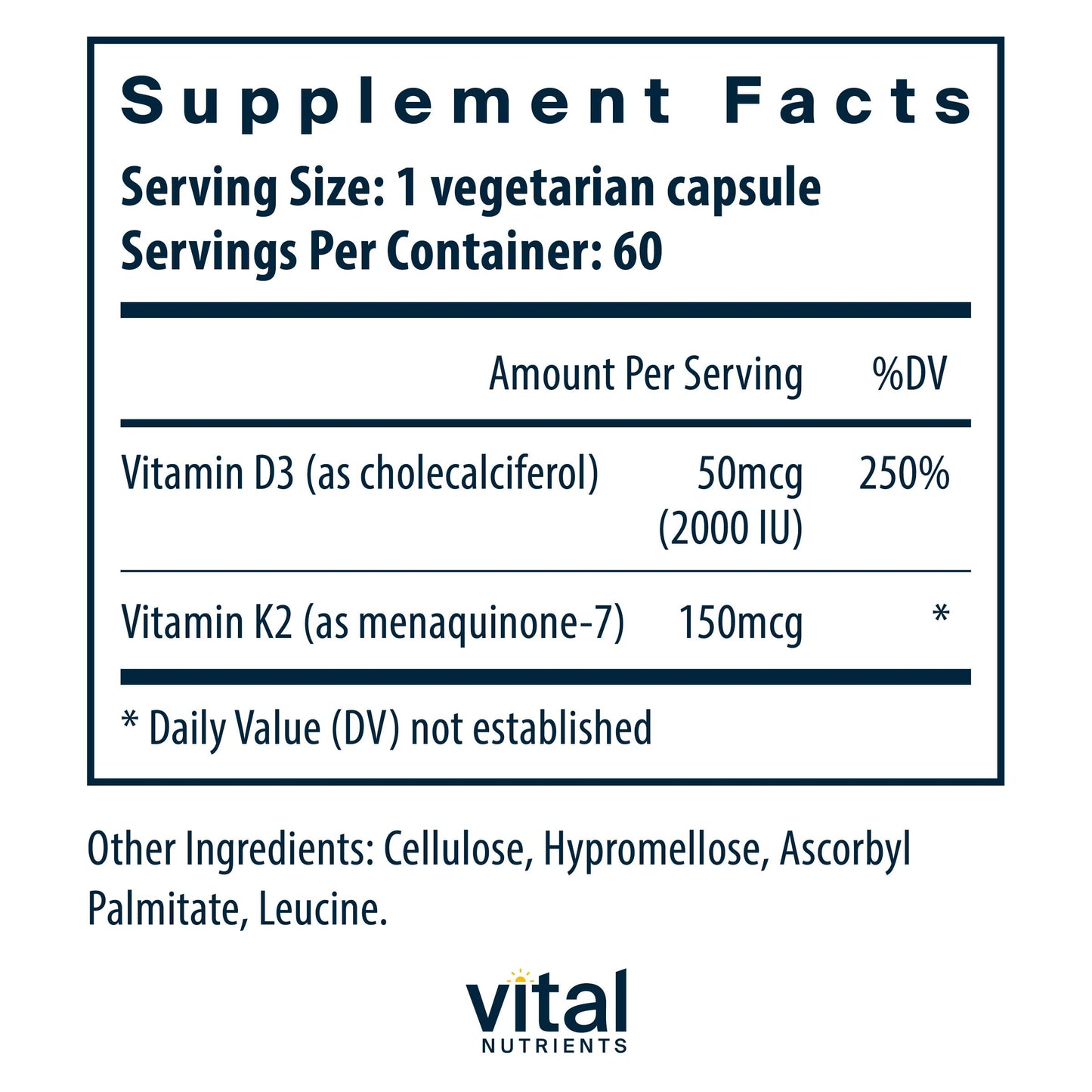 Vitamina d3 k2 suplemento cápsulas vista frontal vital nutrients