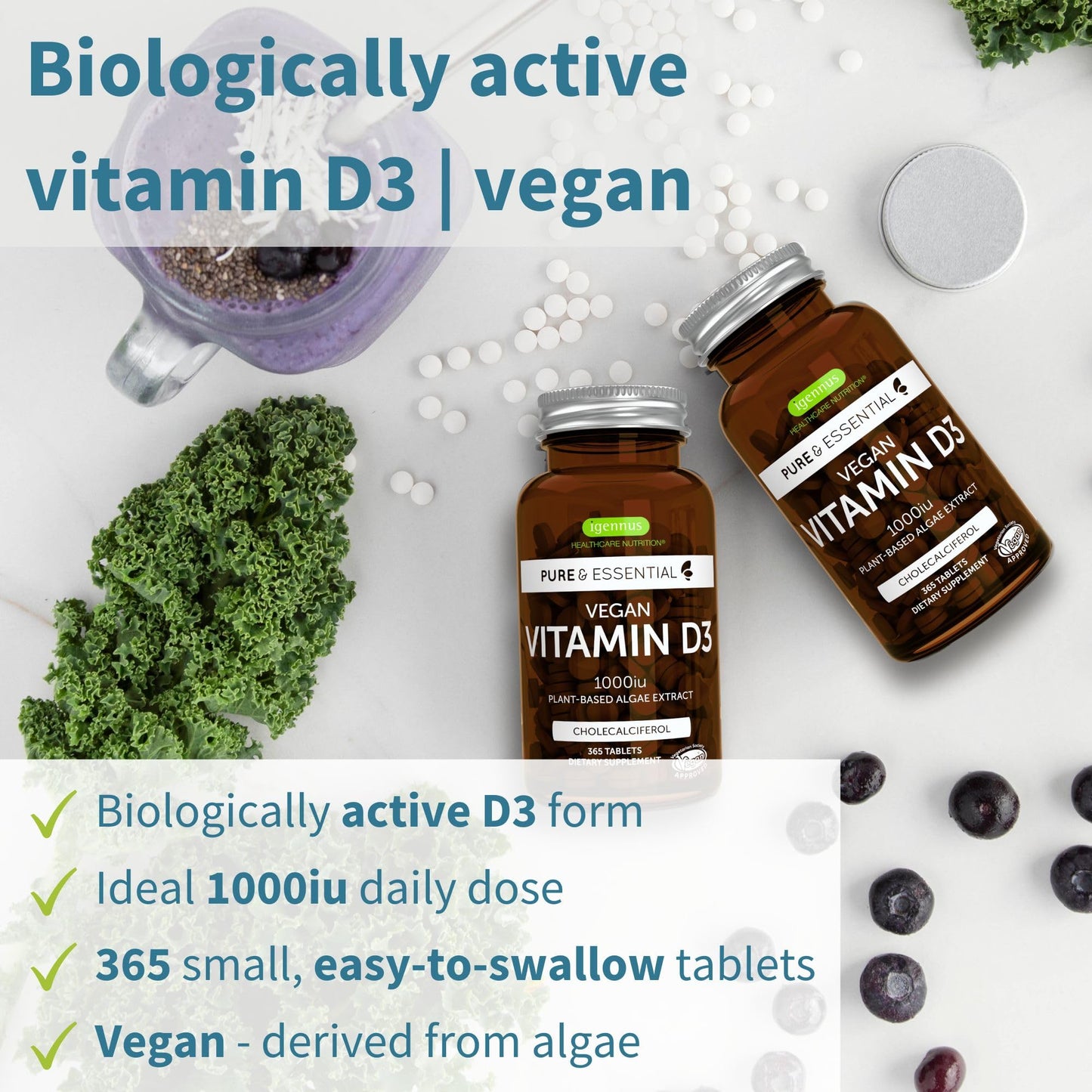 Tabletas vitamina D3 vegana Igennus en bote grande