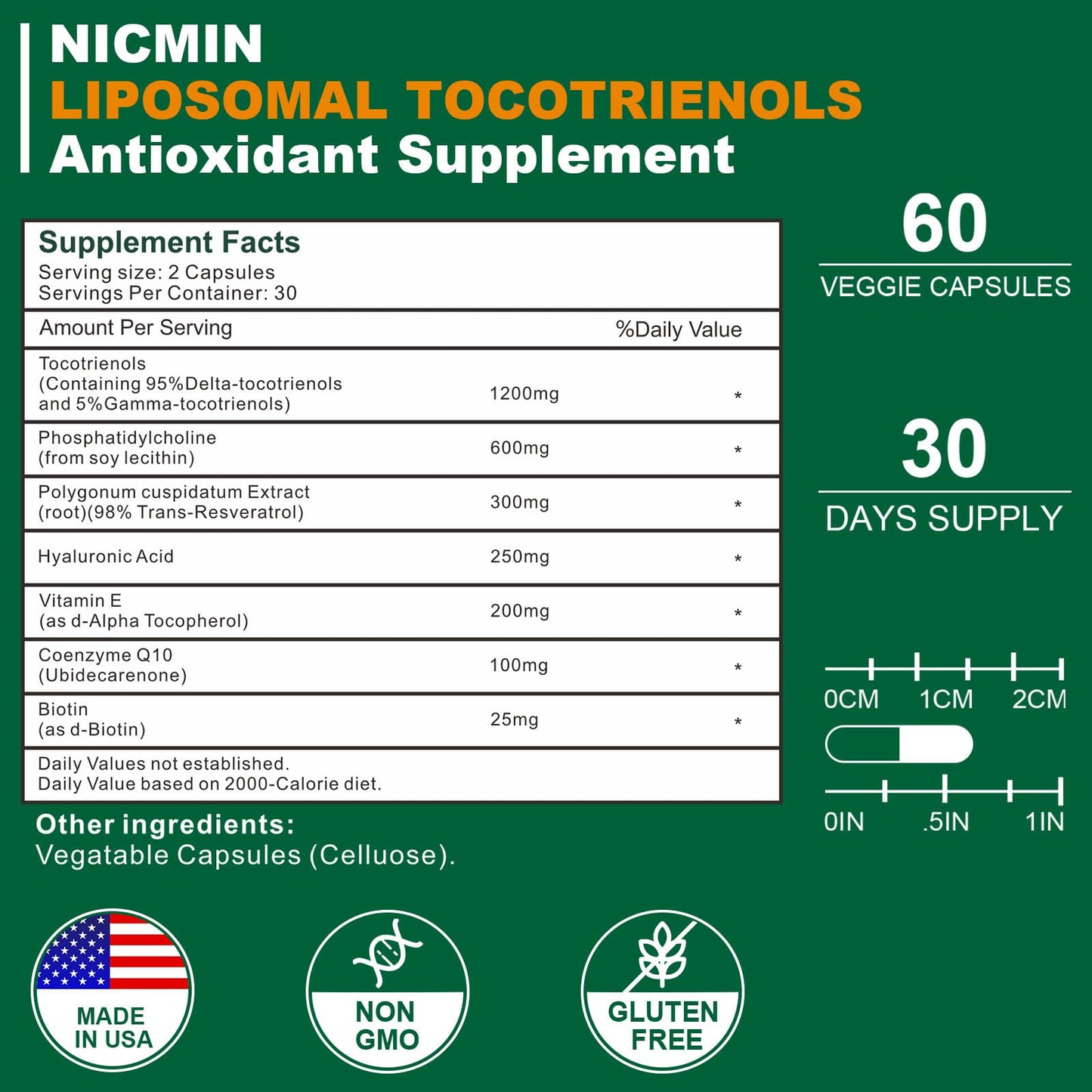 Etiqueta frontal suplemento Vitamina E Tocotrienoles NICMIN 120 cápsulas