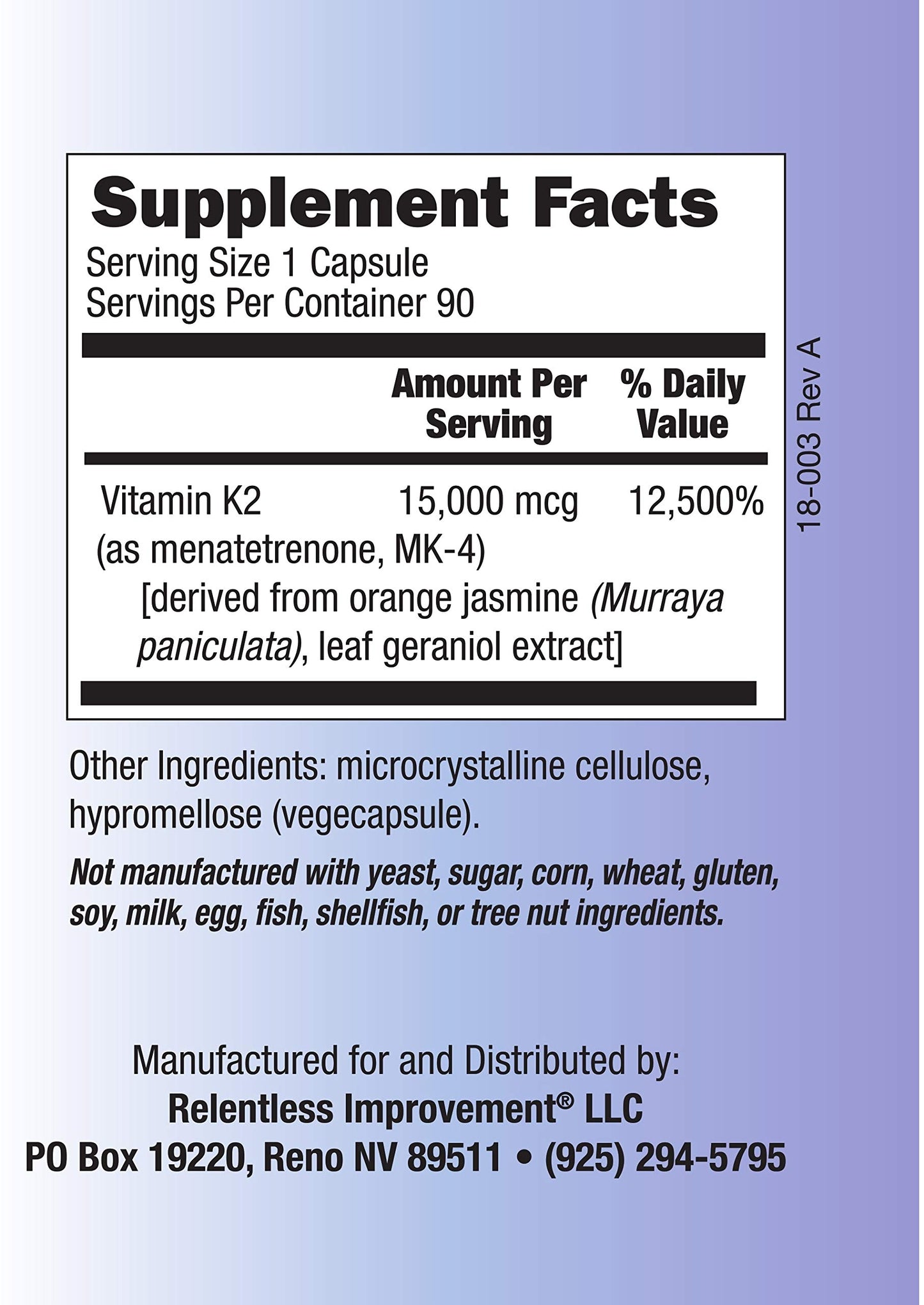 Vitamina K2 Mk4 15,000 mcg por cápsula