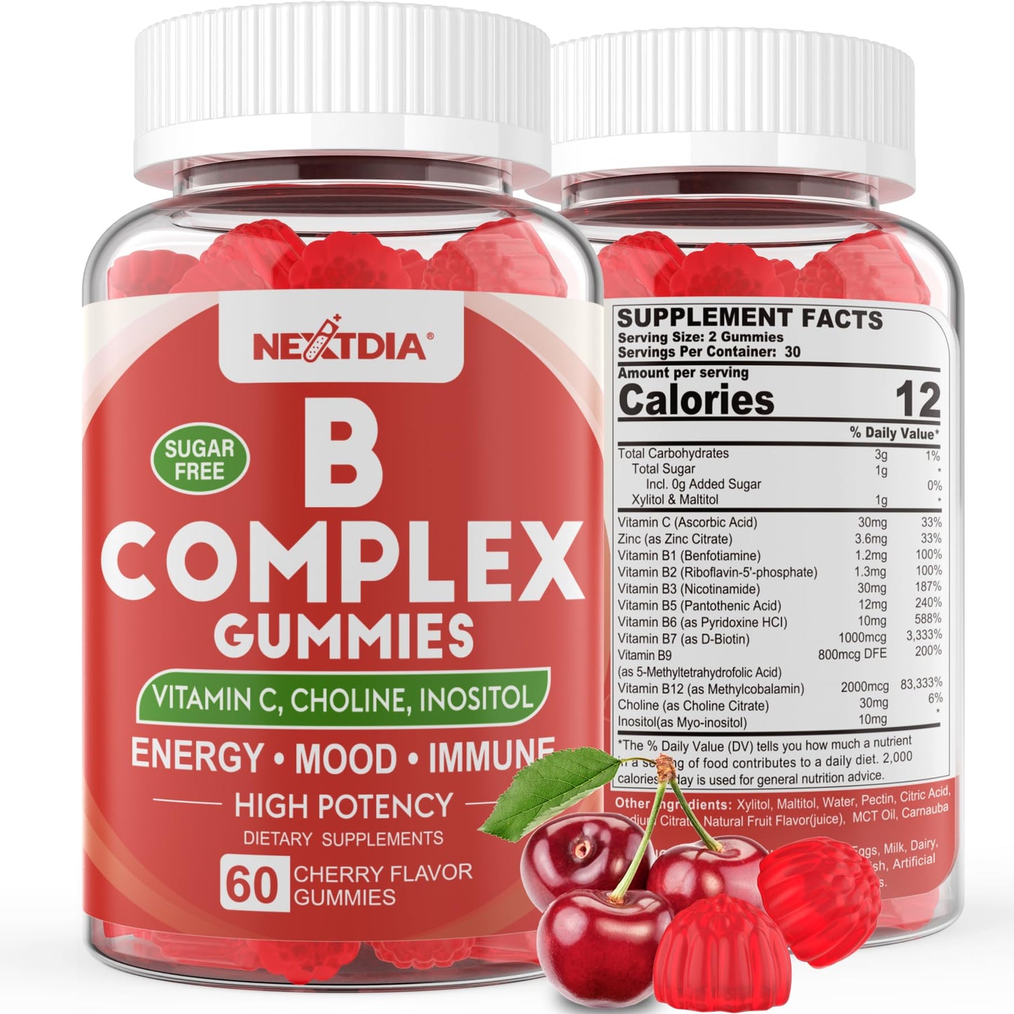 Frasco de Vitaminas B Complejo en Gomitas Veganas sabor cereza