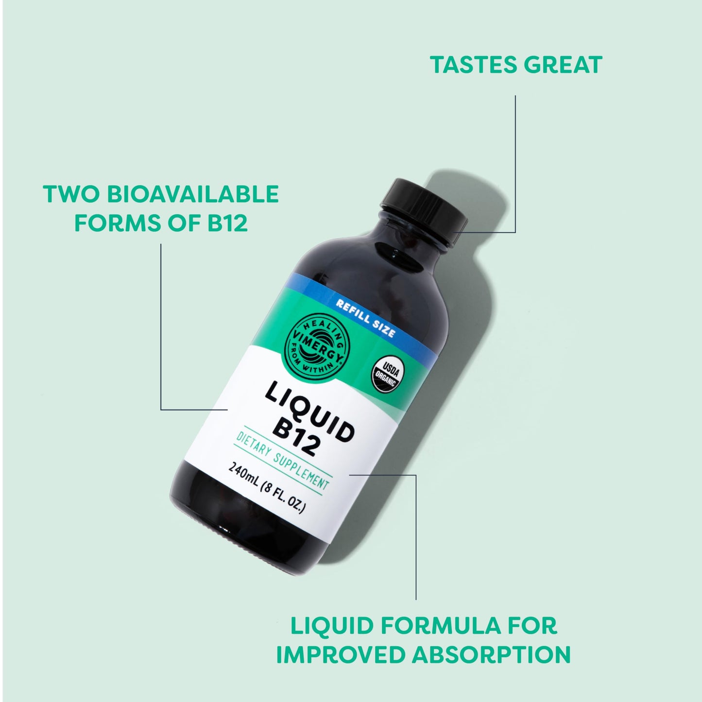 Vitaminas líquidas B12 Vimergy en botella orgánica y vegana