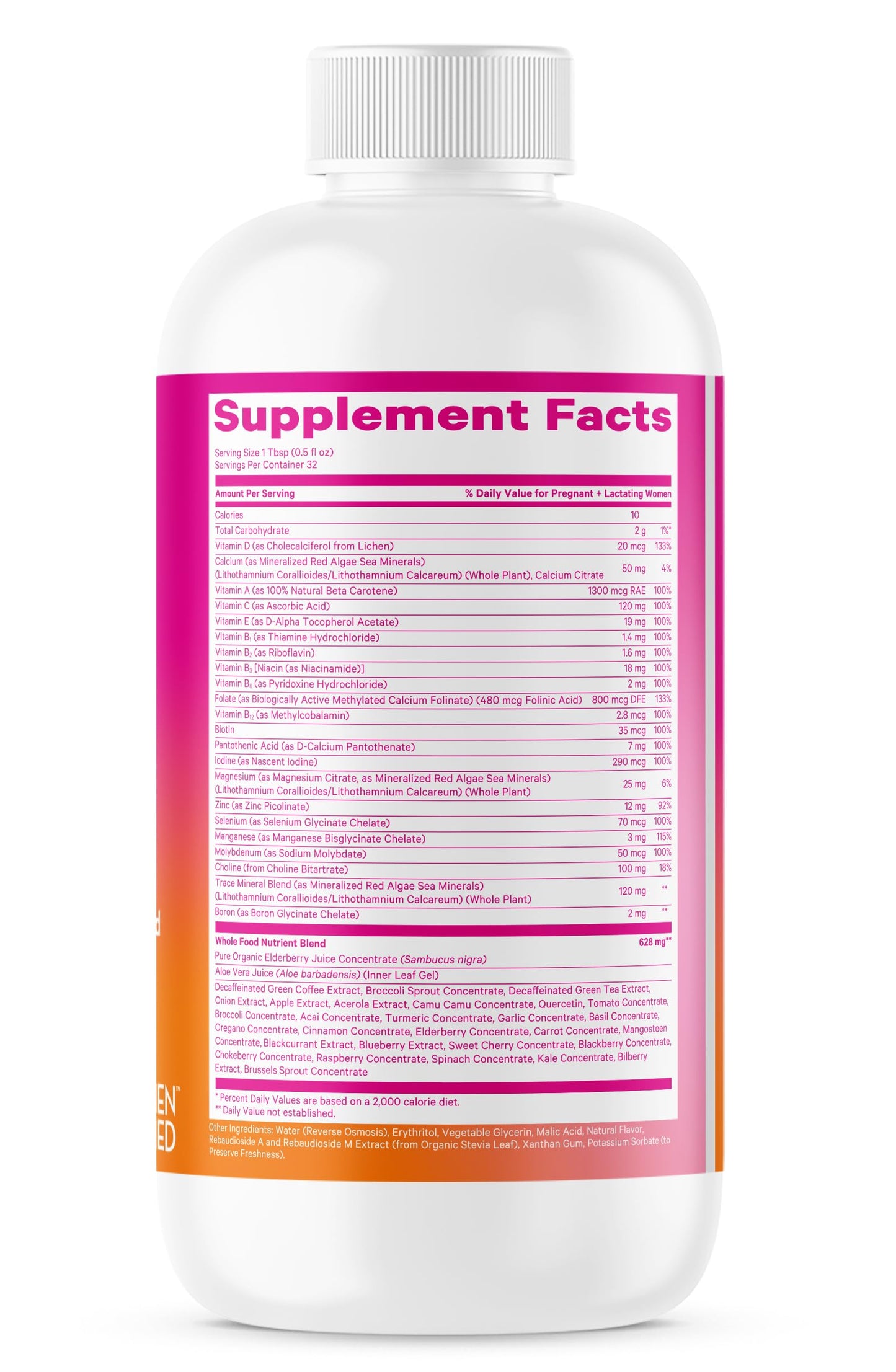 Vitaminas líquidas Pink Stork turquesa botella y caja