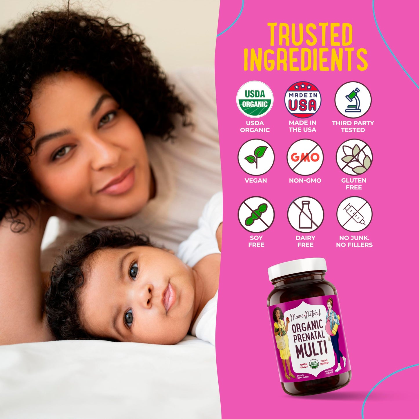 Vitaminas Mama Natural prenatal orgánico paquete vista superior