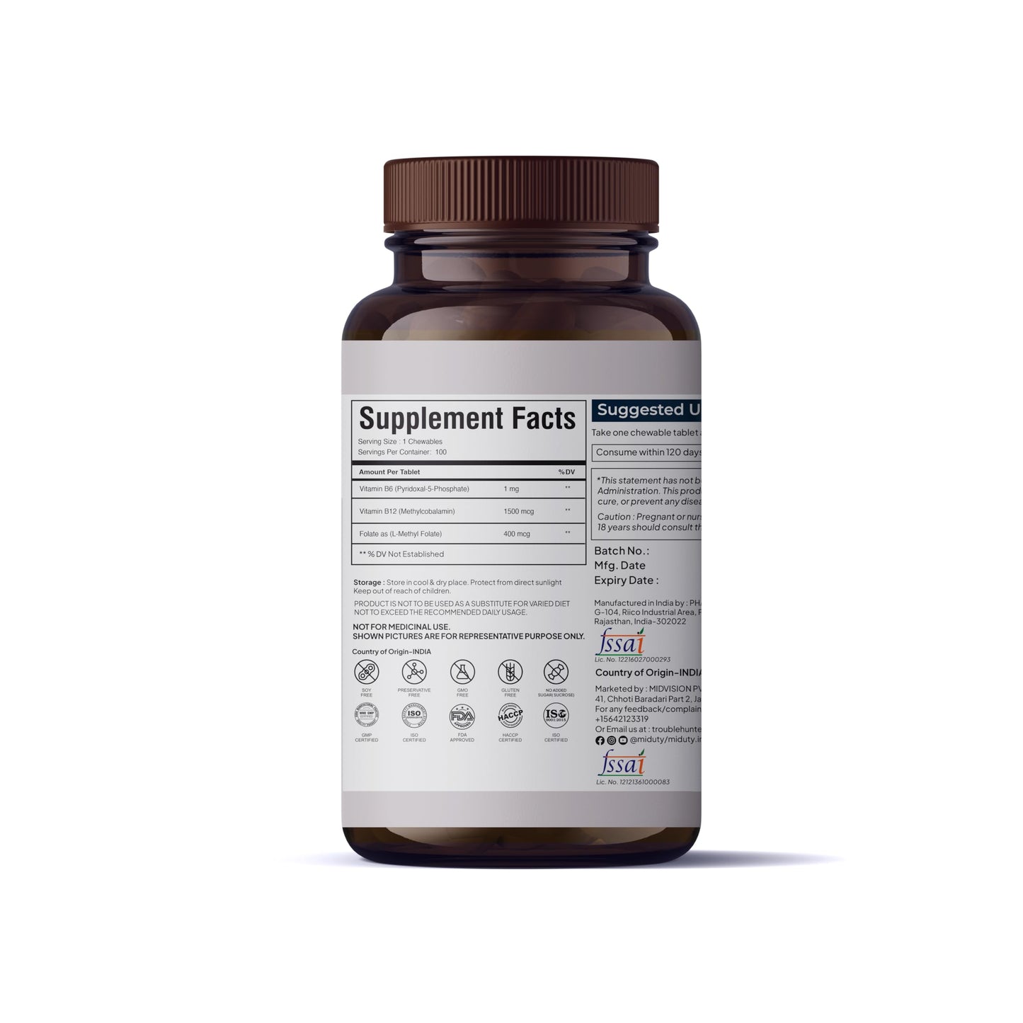 Vitaminas Miduty metil folato y b6 en tabletas