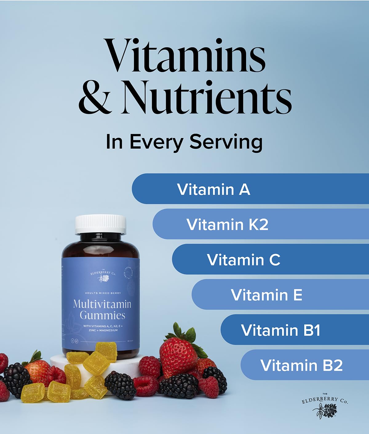 Vitaminas y nutrientes en gomitas Elderberry Co.
