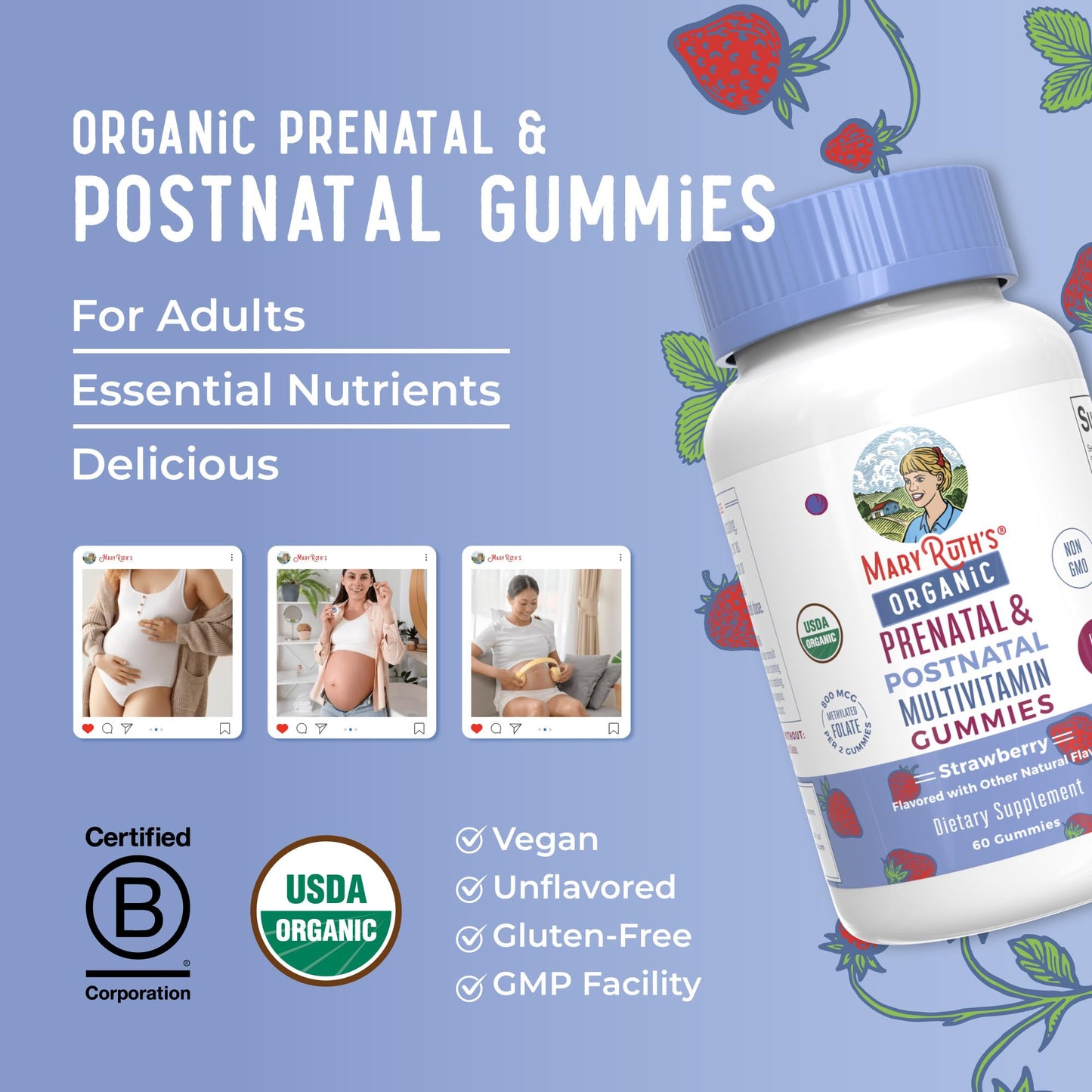 Vitaminas prenatales MaryRuth para salud materna con ingredientes orgánicos