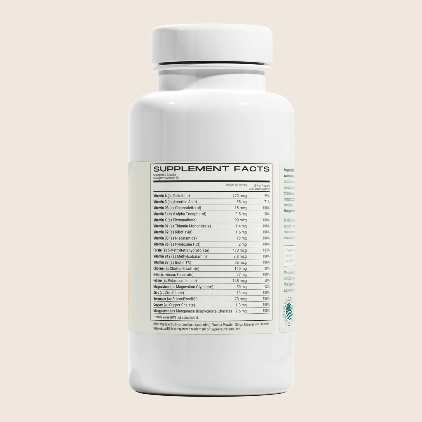 Vitaminas prenatales MIRA cápsulas y frasco