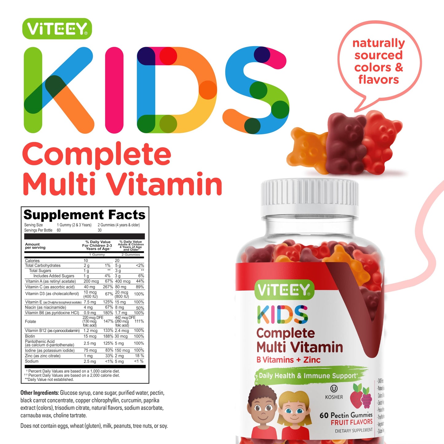 Gomitas Viteey con vitaminas esenciales para niños, sabor a fruta.