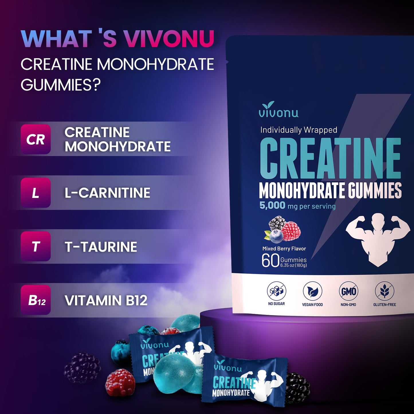 VivoNu gomitas creatina deportiva sabor mezcla de bayas