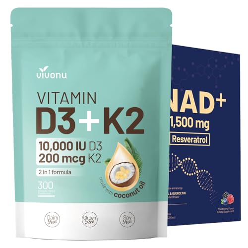 Botella de VivoNu Vitamina D3 K2 10000 UI suplemento NAD 1500mg