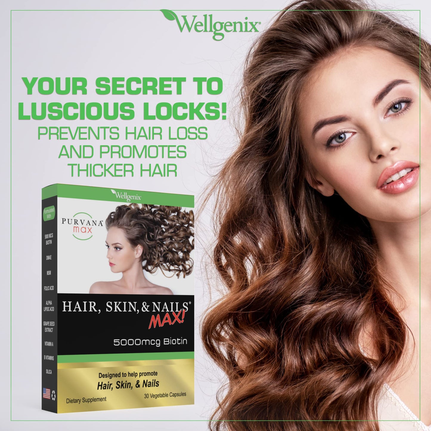 Wellgenix Purvana Max suplemento cabellos fuertes y uñas sanas