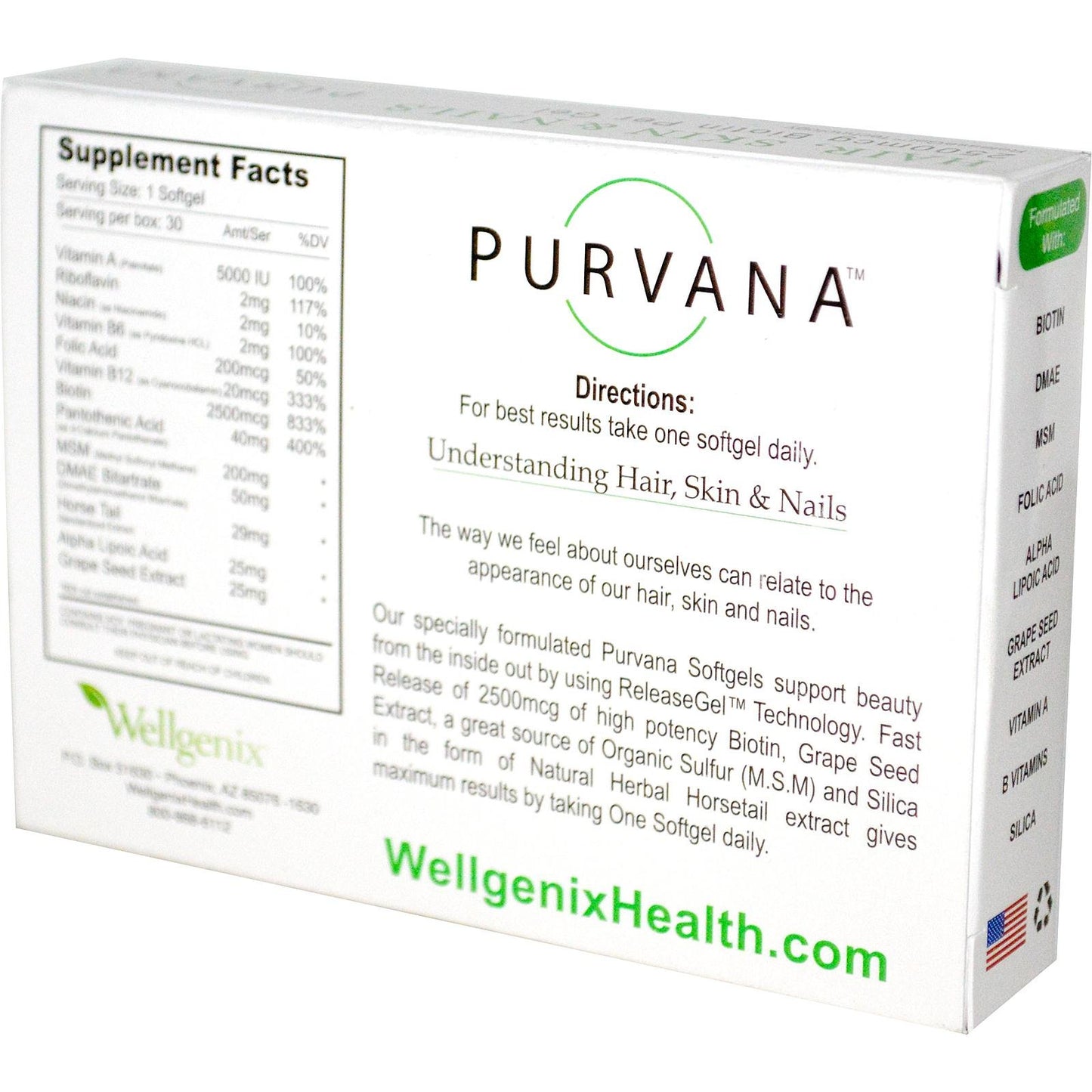 Wellgenix Purvana suplemento herbal doble fuerza 2500mcg biotina