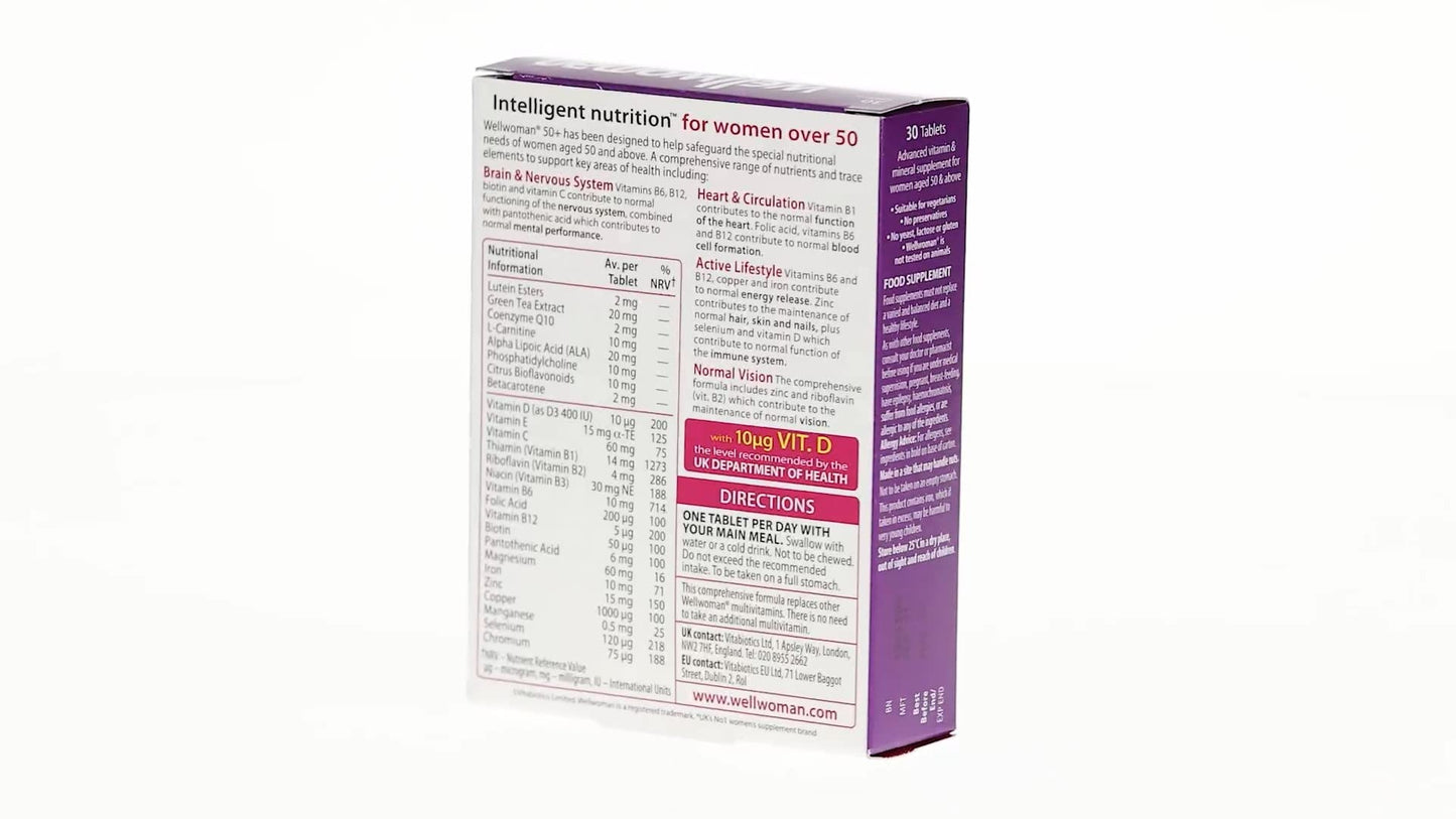 Caja de Wellwoman 50+ lado con información nutricional