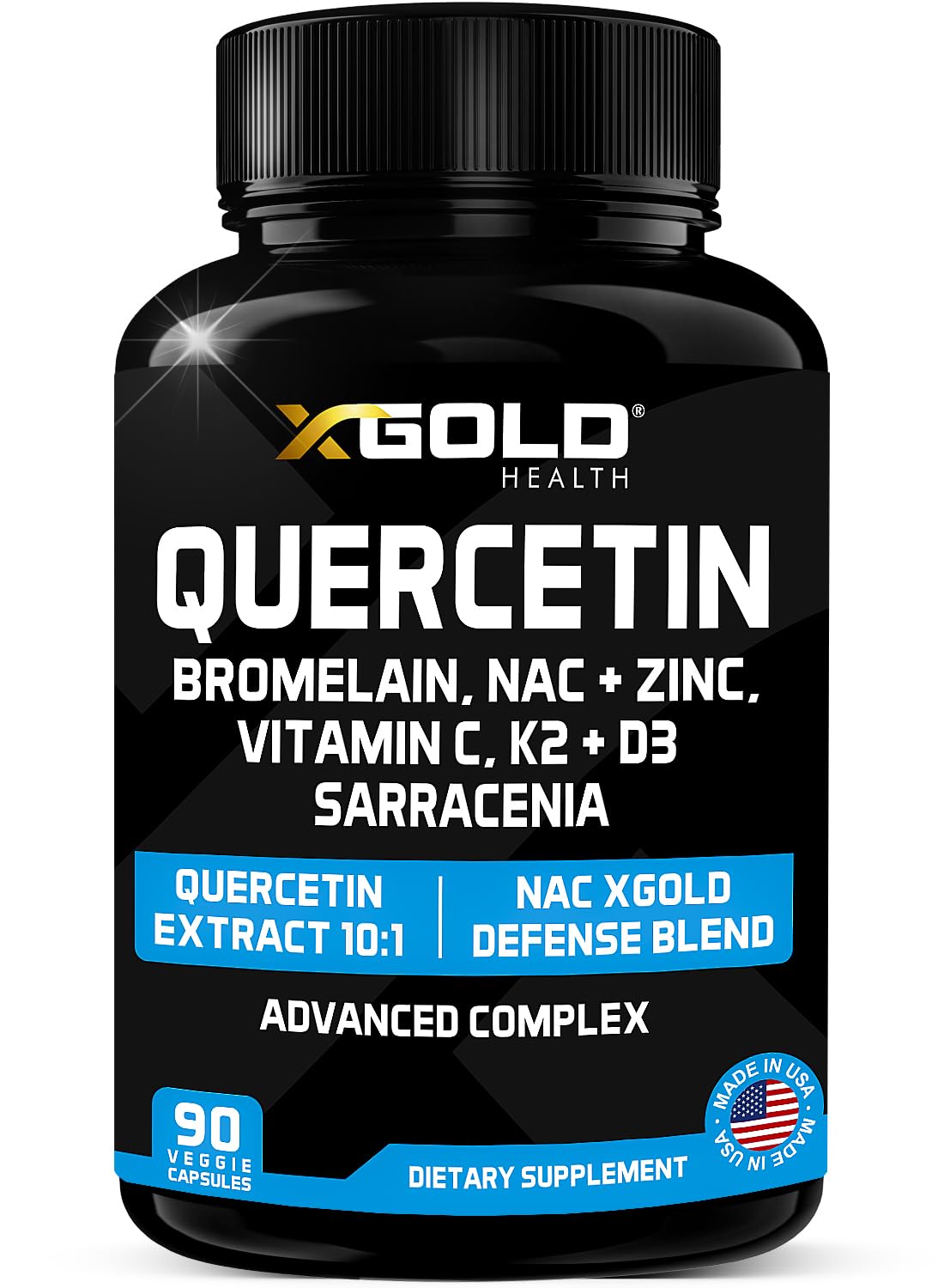 Frasco de suplemento XGold Defense Blend con quercetina y vitaminas