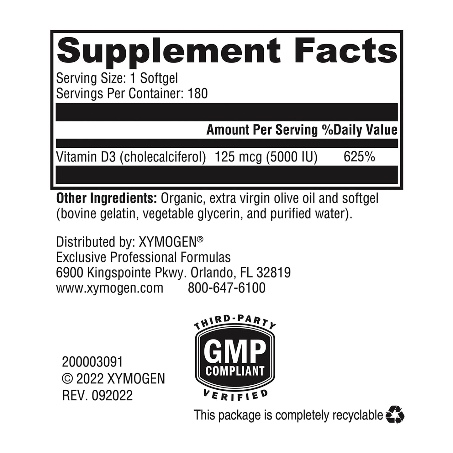 XYMOGEN d3 5000 ui fórmula sin ingredientes artificiales