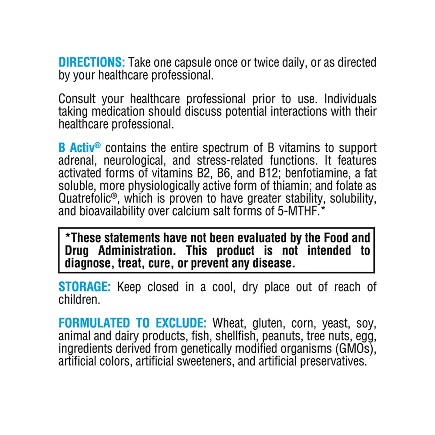 Información nutricional XYMOGEN vitamina b complejo